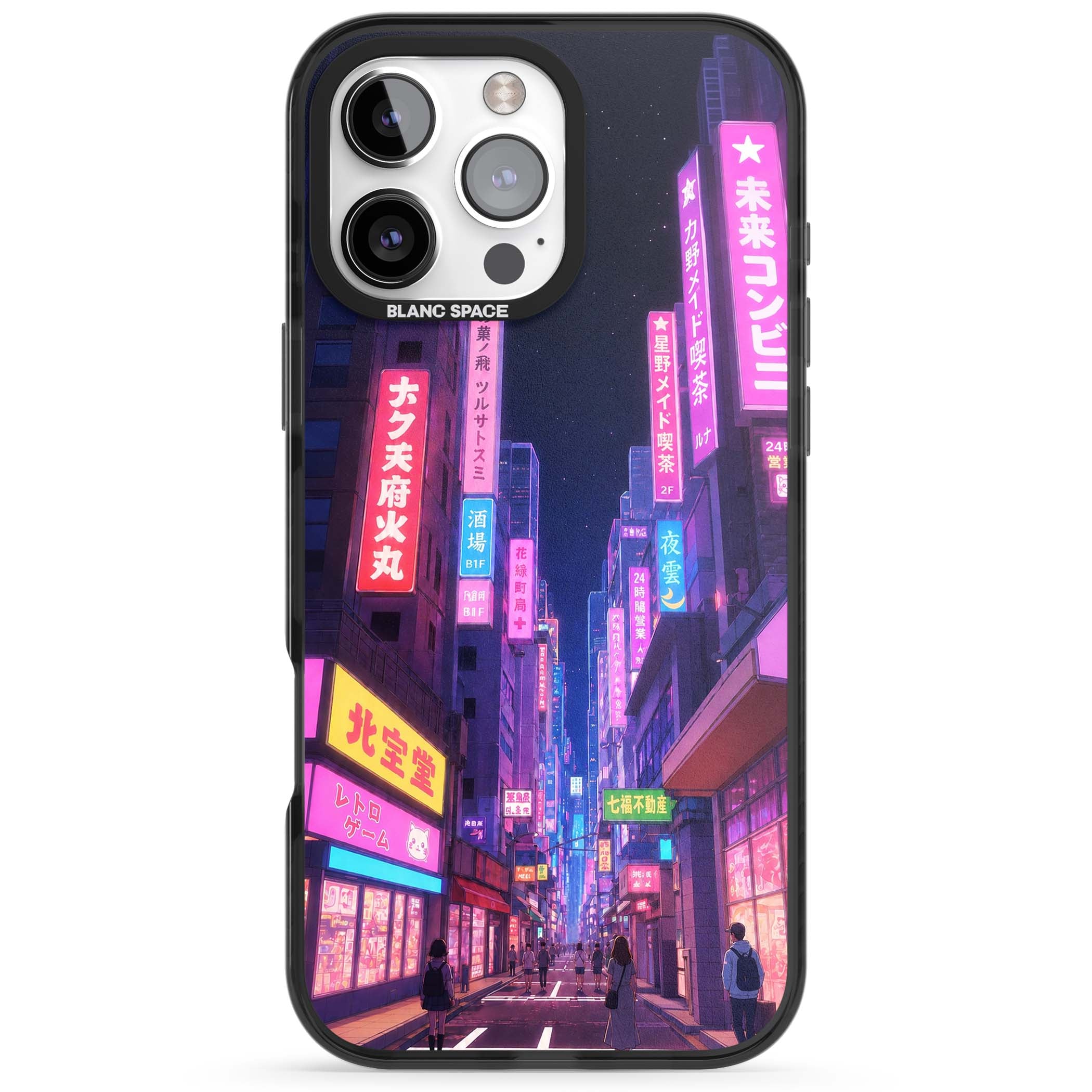 Shibuya At Night Japanese neon city iPhone case featuring glowing kanji signs, pink storefronts and a Tokyo street at n | Black Impact case for iPhone 16 Pro, iPhone 16 Pro Max