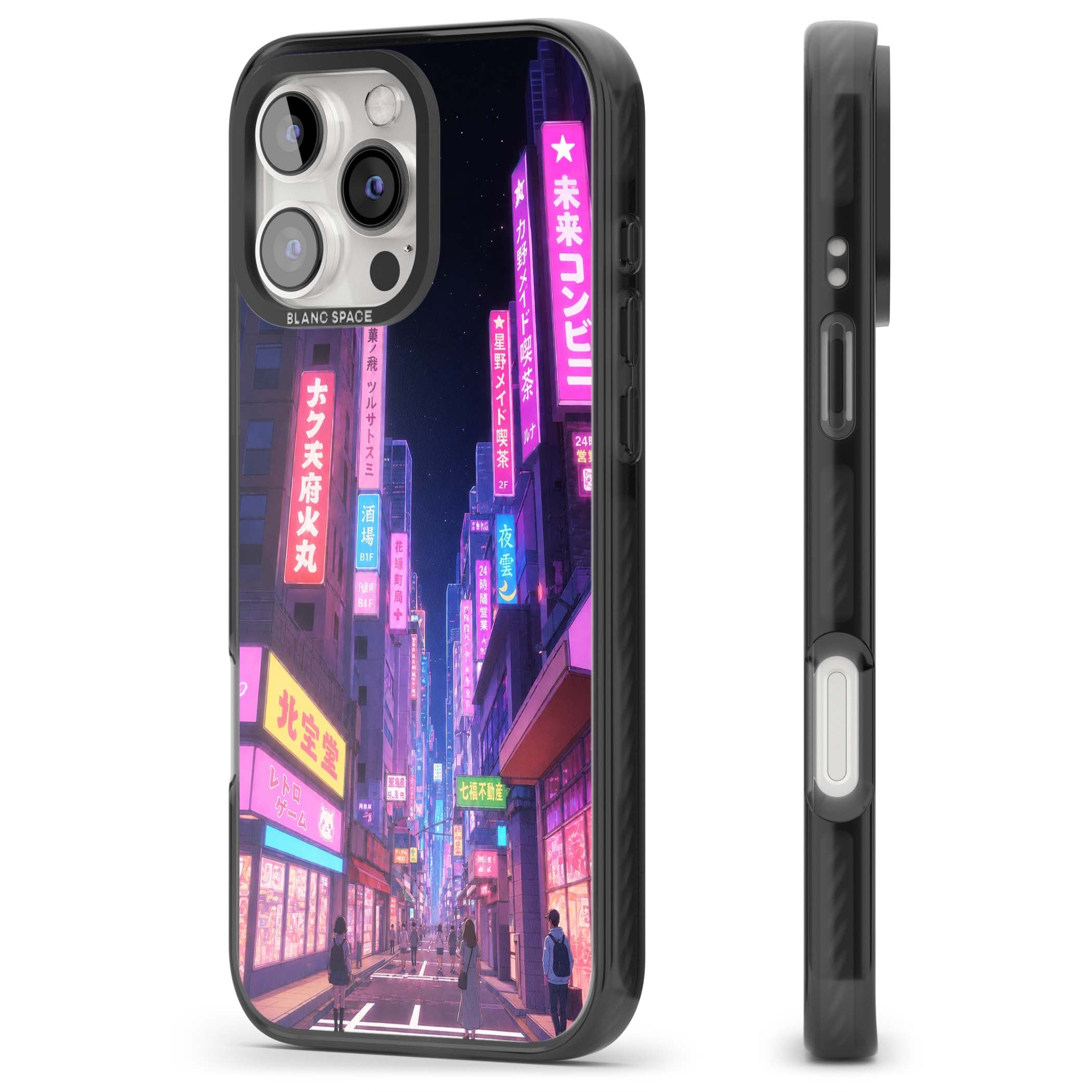 Shibuya At Night Japanese neon city iPhone case featuring glowing kanji signs, pink storefronts and a Tokyo street at n | Black Impact case for iPhone 16 Pro, iPhone 16 Pro Max