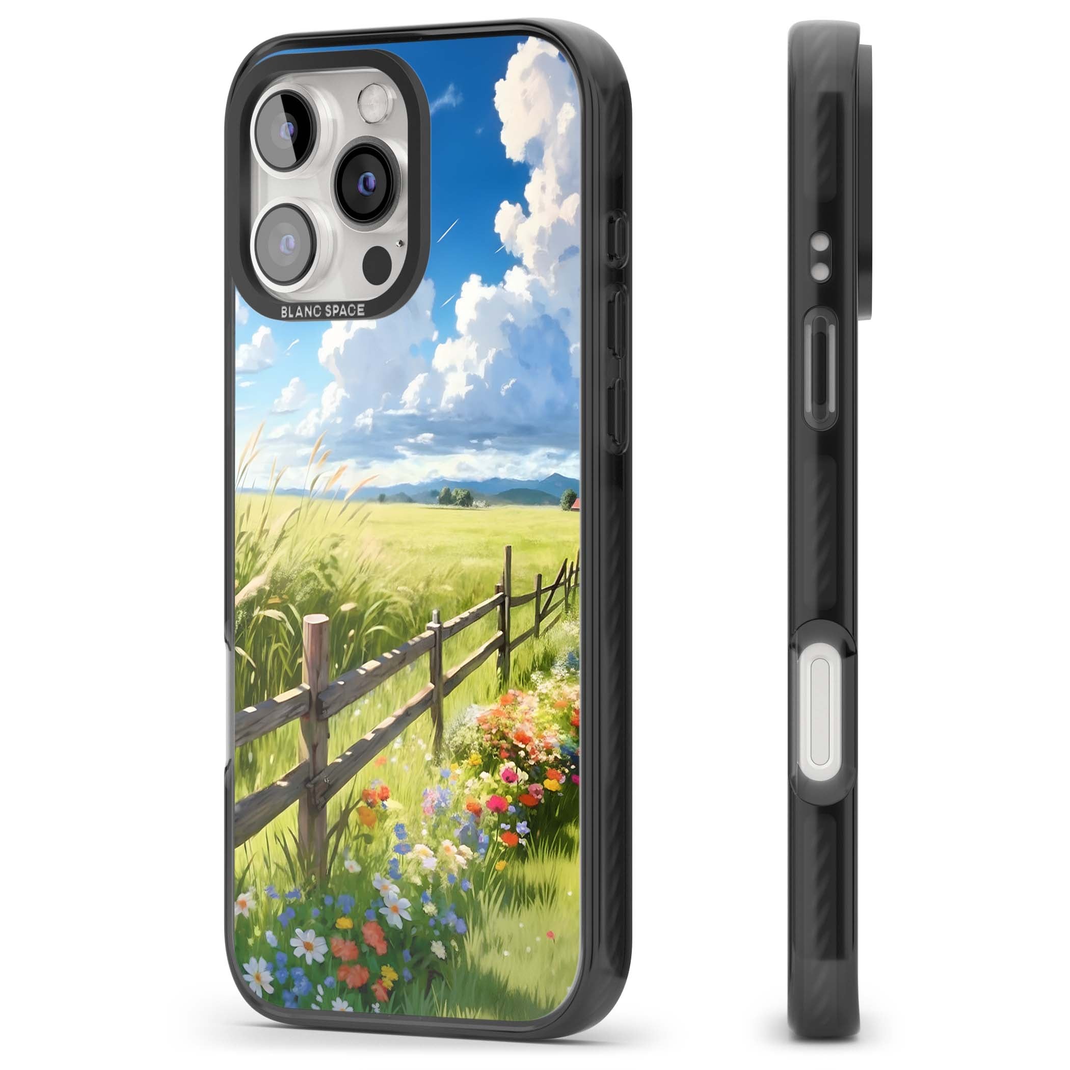 A Countryside Afternoon cottagecore iPhone case featuring a painted countryside meadow, wooden fence, and wildflowers beneath | Black Impact case for iPhone 16 Pro, iPhone 16 Pro Max