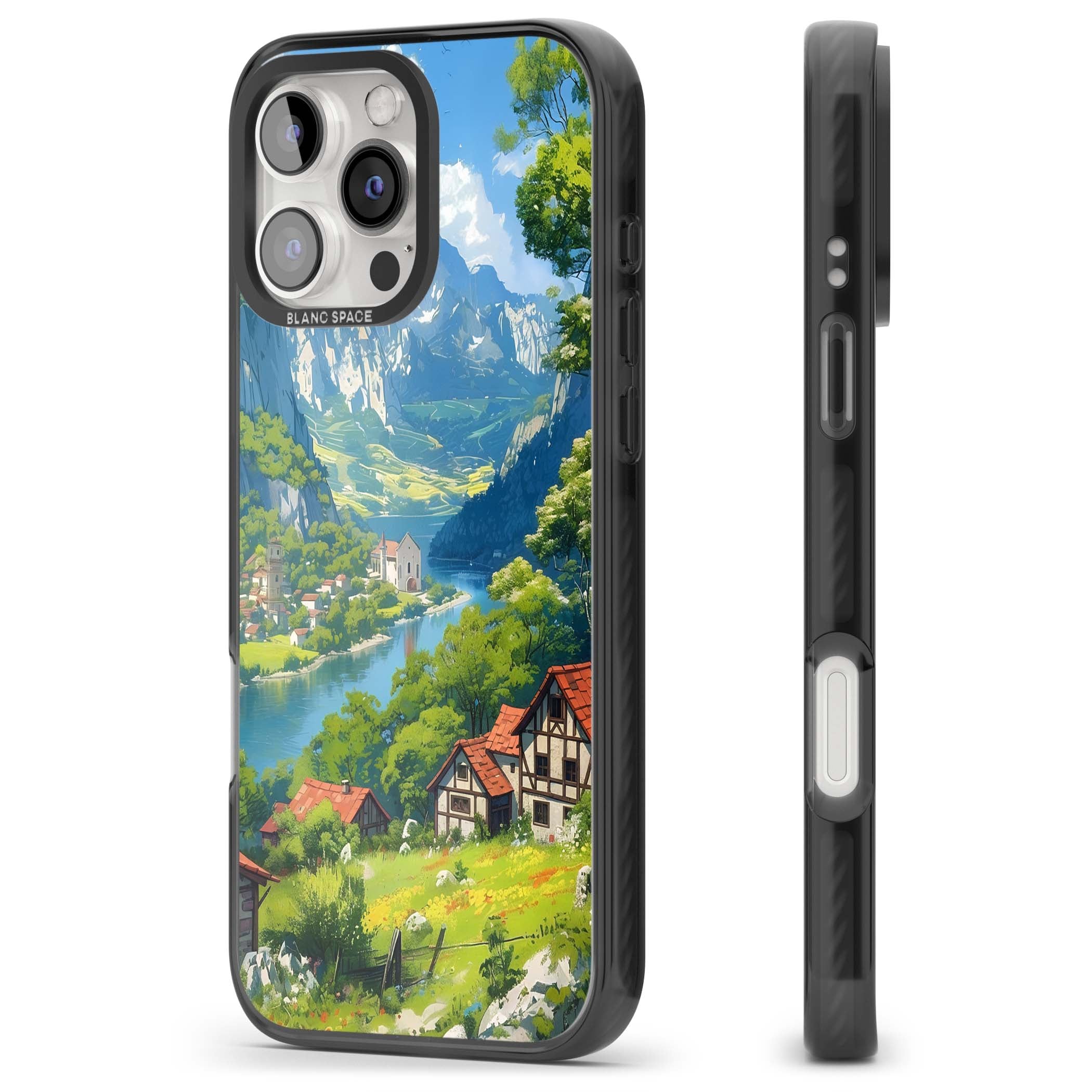 Village In The Valley anime iPhone case featuring a painted mountain village, river valley and half-timbered cottages. | Black Impact case for iPhone 16 Pro, iPhone 16 Pro Max