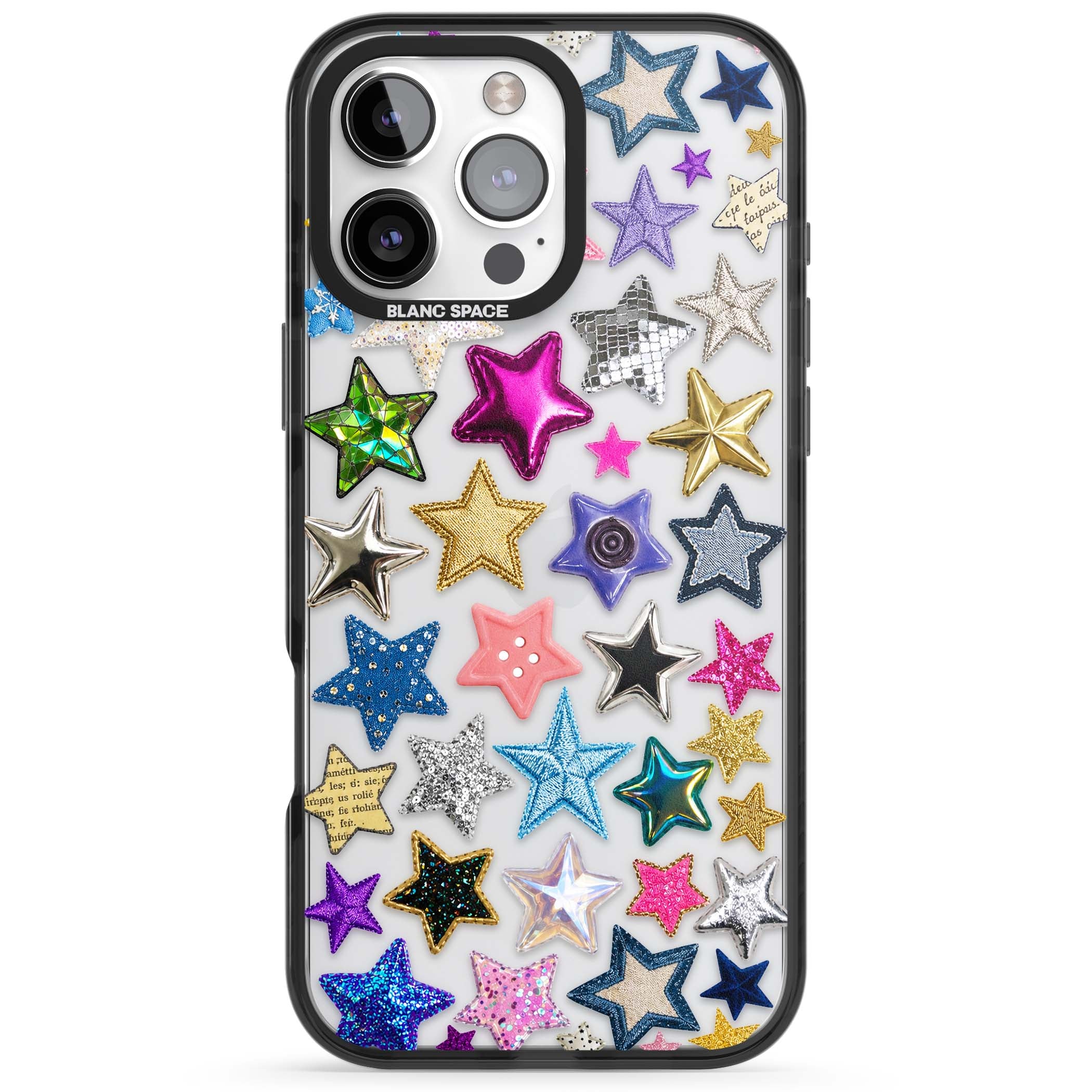 Crafty Star Mix Y2K iPhone case featuring embroidered, sequinned and glitter star patches in rainbow colours | Black Impact case for iPhone 16 Pro, iPhone 16 Pro Max