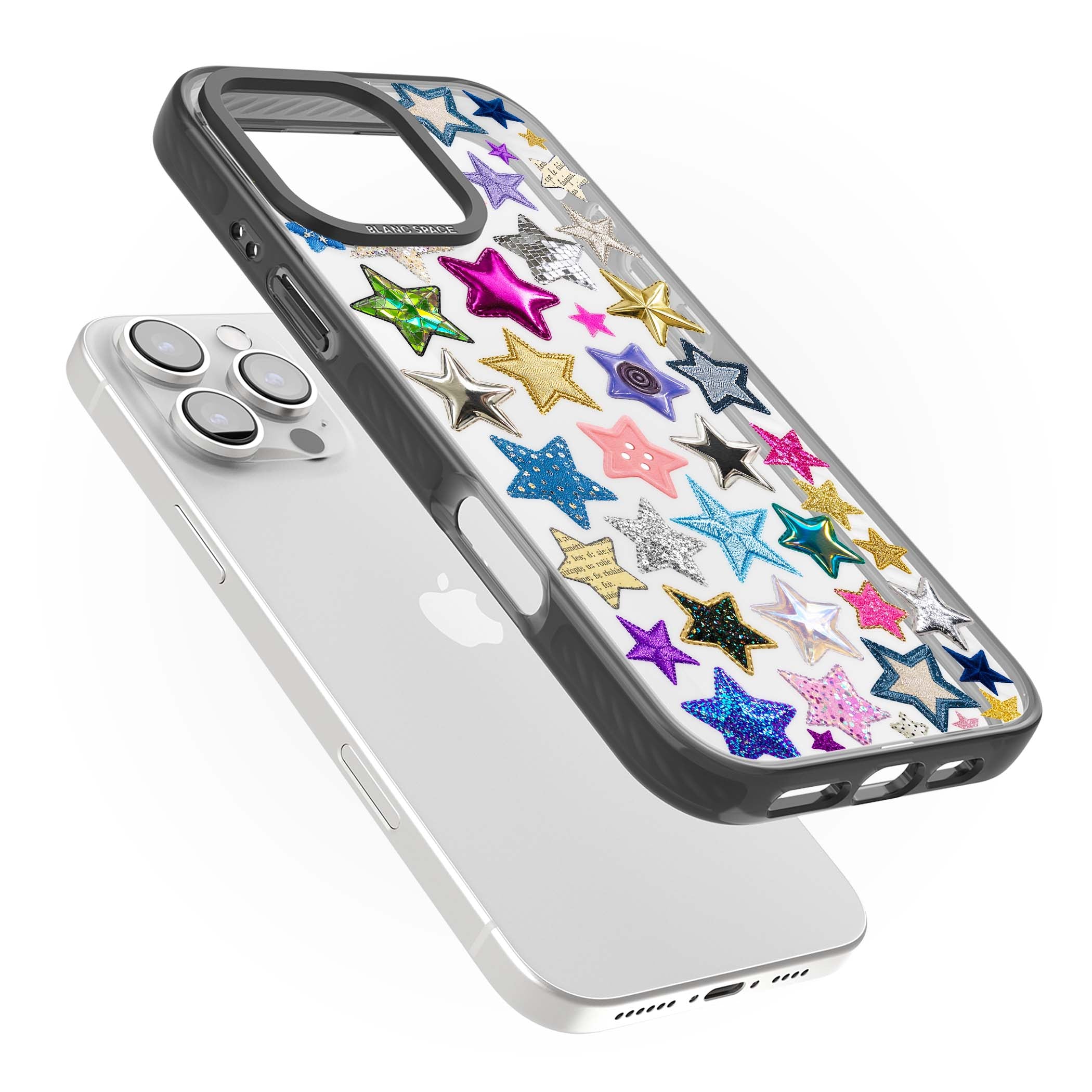 Crafty Star Mix Y2K iPhone case featuring embroidered, sequinned and glitter star patches in rainbow colours | Black Impact case for iPhone 16 Pro, iPhone 16 Pro Max