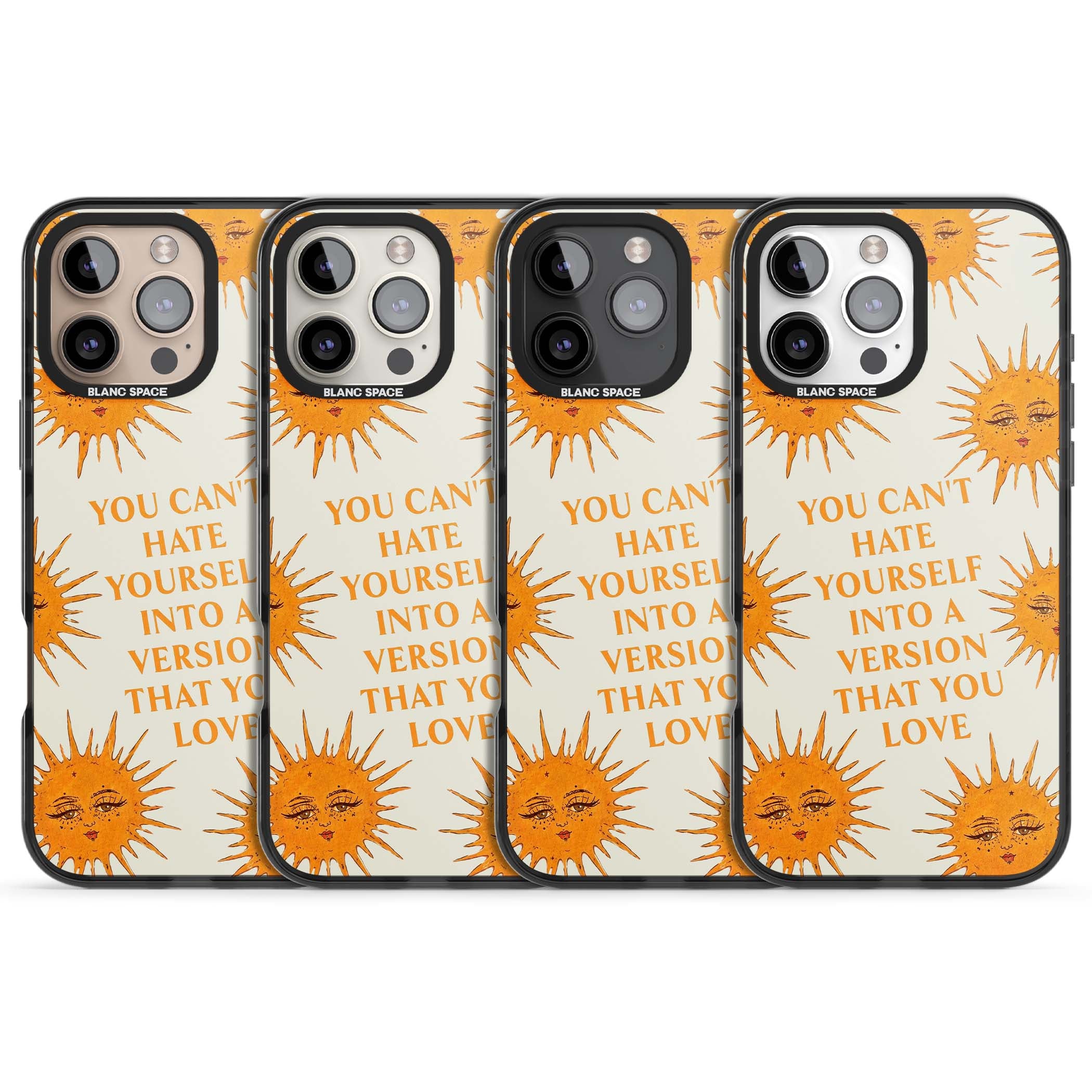 Don't Hate Yourself celestial iPhone case featuring vintage sun faces, ochre rays and a self-love quote | Black Impact case for iPhone 16 Pro, iPhone 16 Pro Max