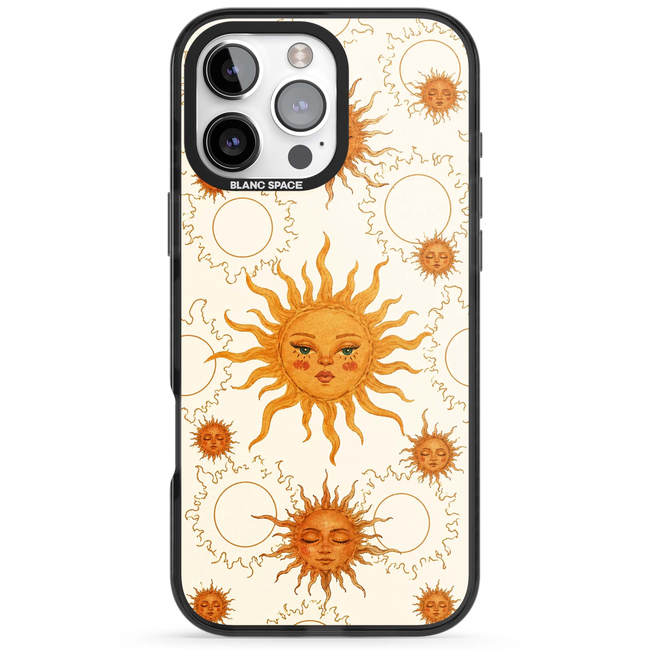 Solstice Muse celestial iPhone case featuring hand-painted golden sun faces, closed-eye sun goddesses and outlined moons... | Black Impact case for iPhone 16 Pro, iPhone 16 Pro Max