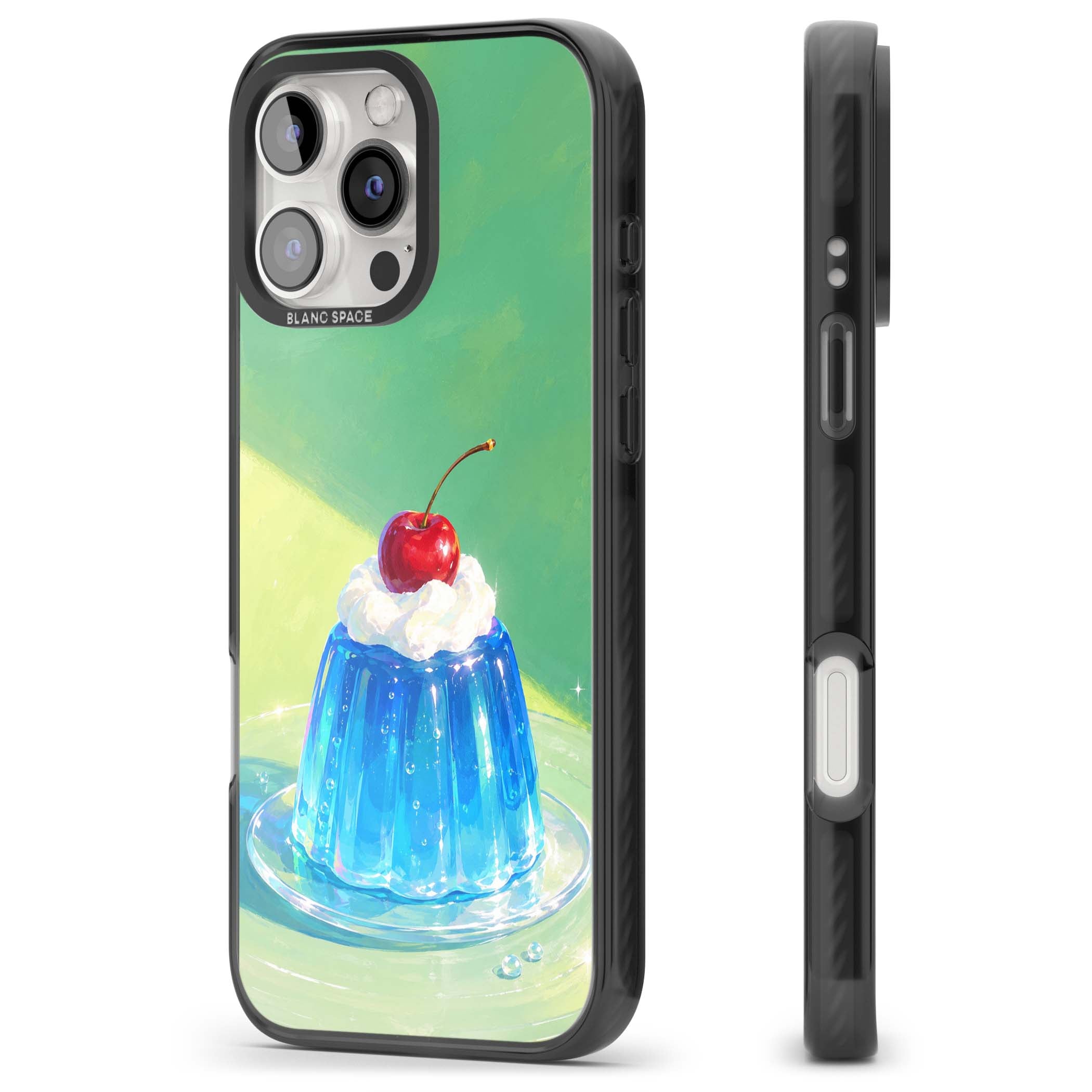 Cherry Jelly kawaii dessert iPhone case featuring blue jelly pudding, whipped cream and a red cherry | Black Impact case for iPhone 16 Pro, iPhone 16 Pro Max