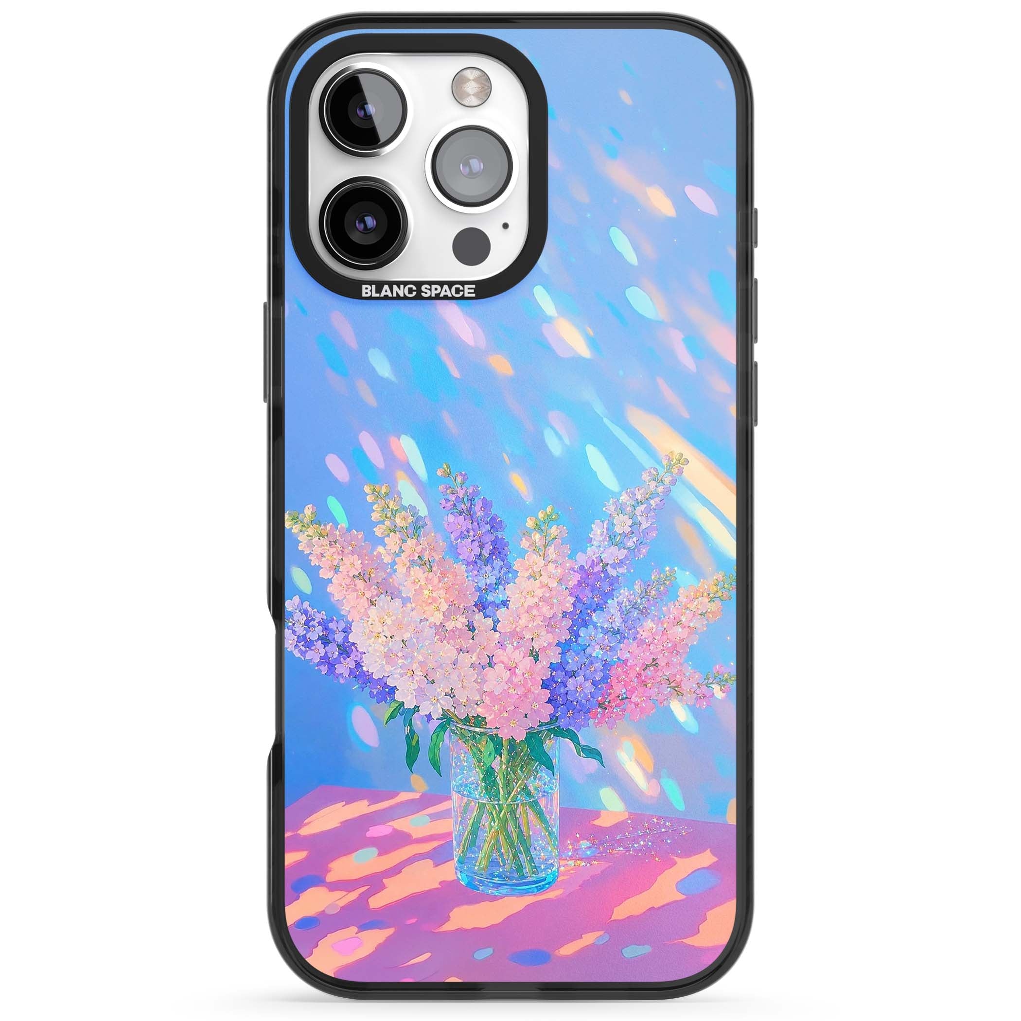 Bubblegum Flowers floral iPhone case featuring pastel lilac and pink bouquet in a glass vase with iridescent light | Black Impact case for iPhone 16 Pro, iPhone 16 Pro Max