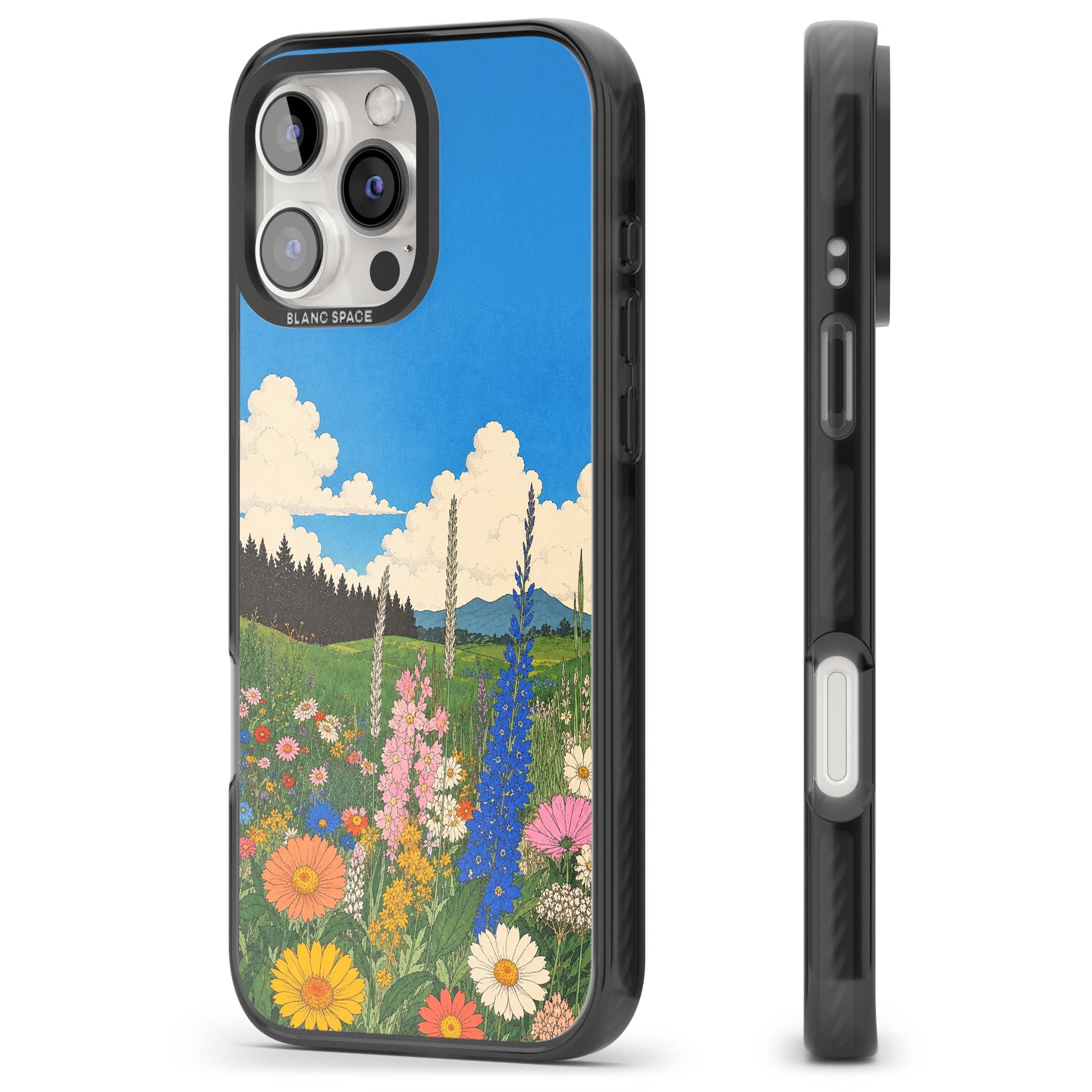 Wildbloom wildflower iPhone case featuring a vintage Japanese-style meadow landscape with daisies, delphiniums and moun | Black Impact case for iPhone 16 Pro, iPhone 16 Pro Max