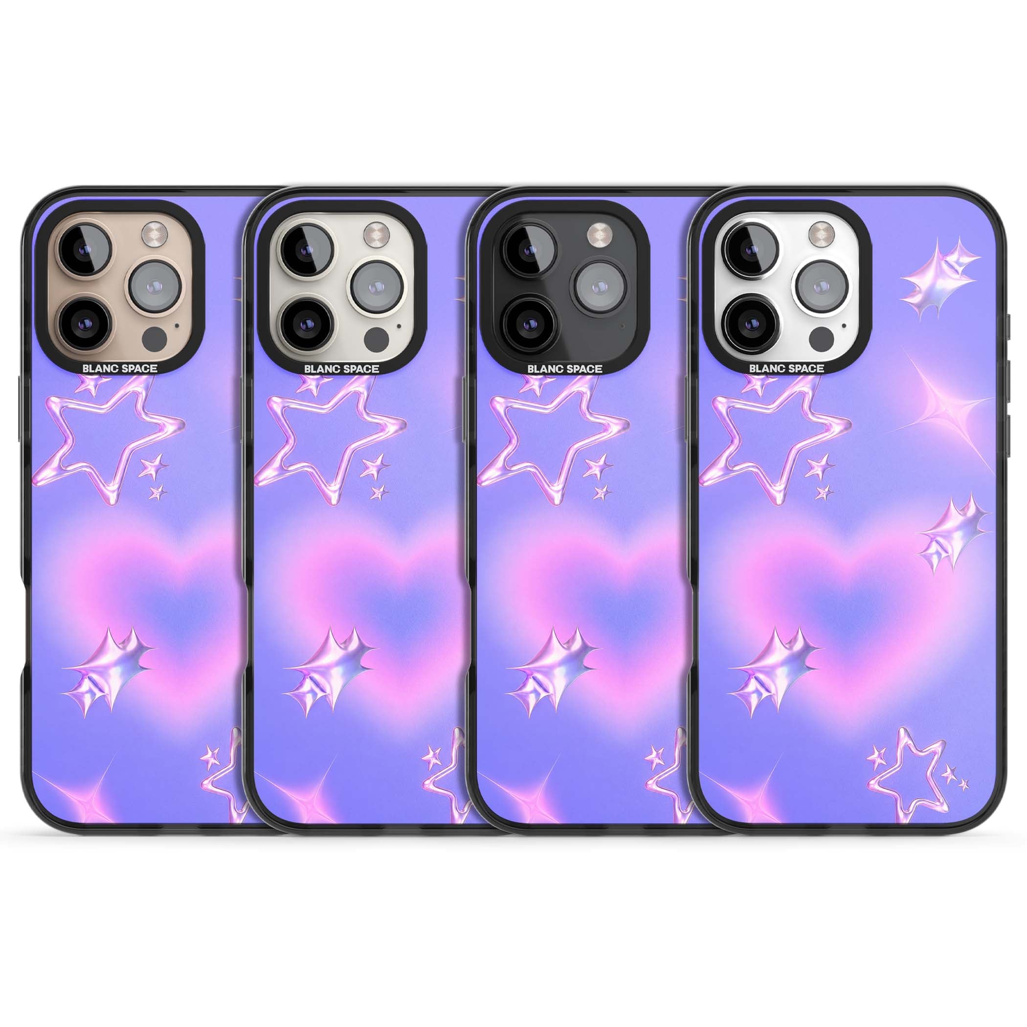 Soft Sugar Y2K iPhone case featuring iridescent chrome hearts, metallic pink stars and a lavender gradient sky | Black Impact case for iPhone 16 Pro, iPhone 16 Pro Max