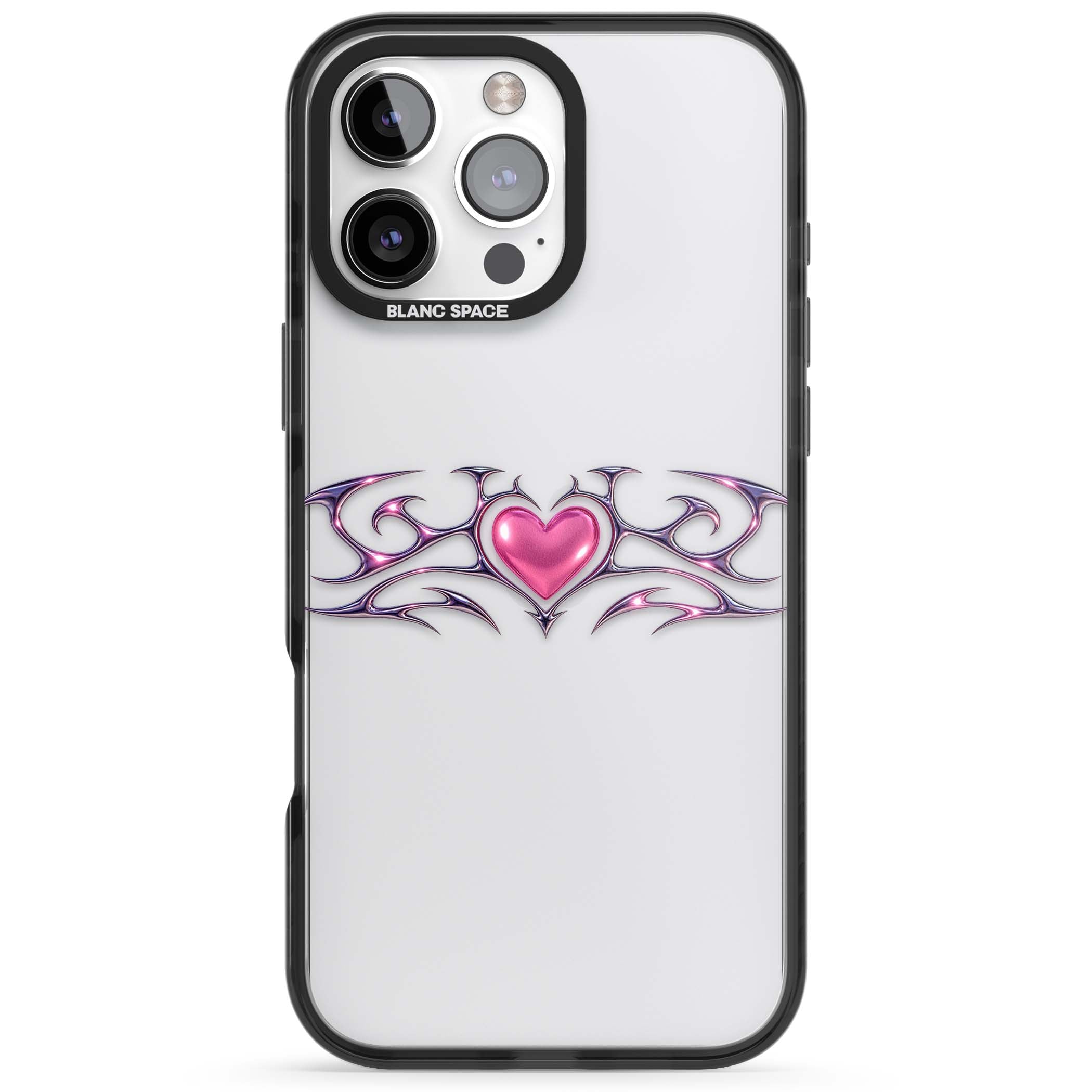 Pink Chrome Heart y2k iPhone case | Black Impact case for iPhone 16 Pro, iPhone 16 Pro Max