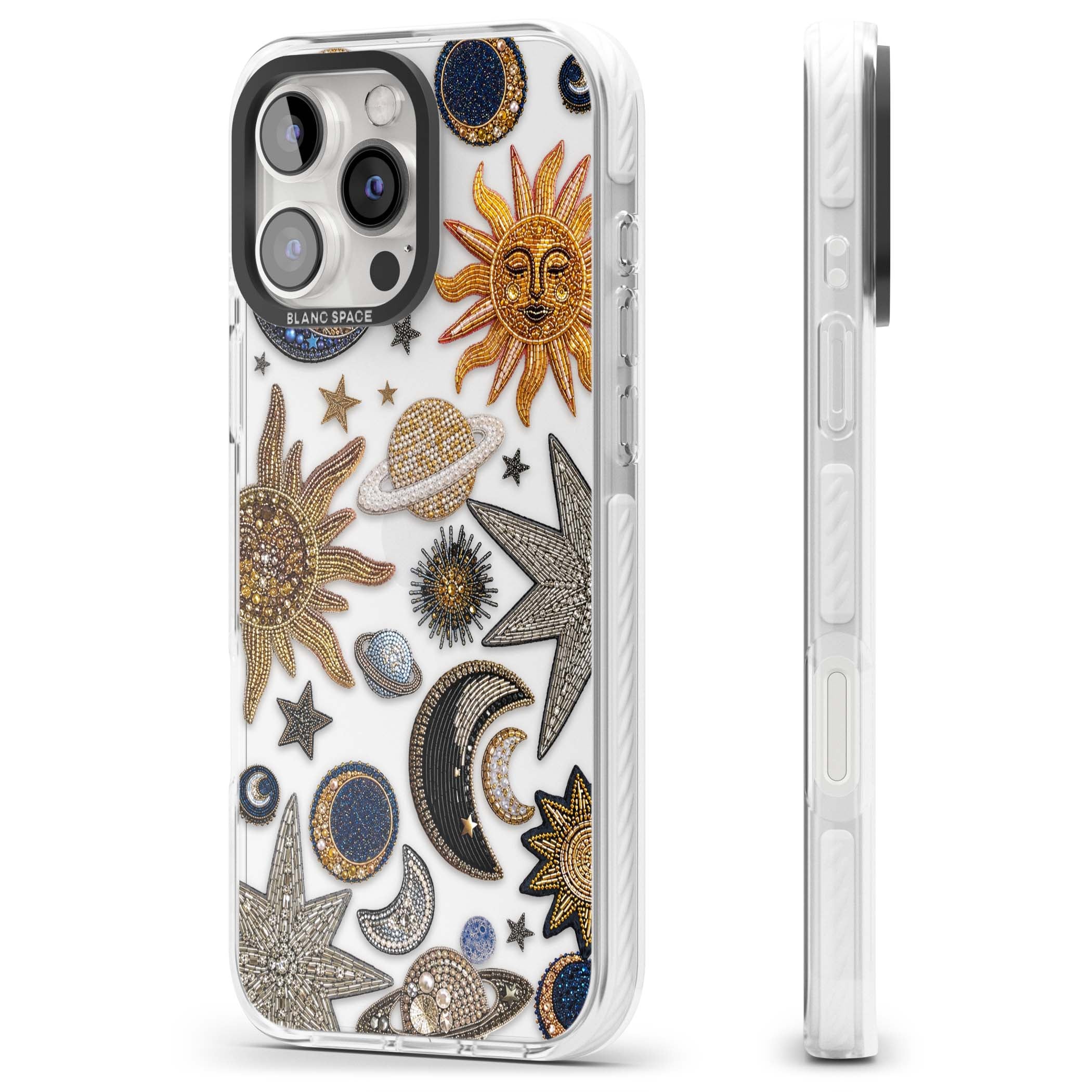 Beaded Cosmos celestial iPhone case featuring embroidered golden suns, beaded planets and silver shooting stars | Clear Impact case for iPhone 16 Pro, iPhone 16 Pro Max