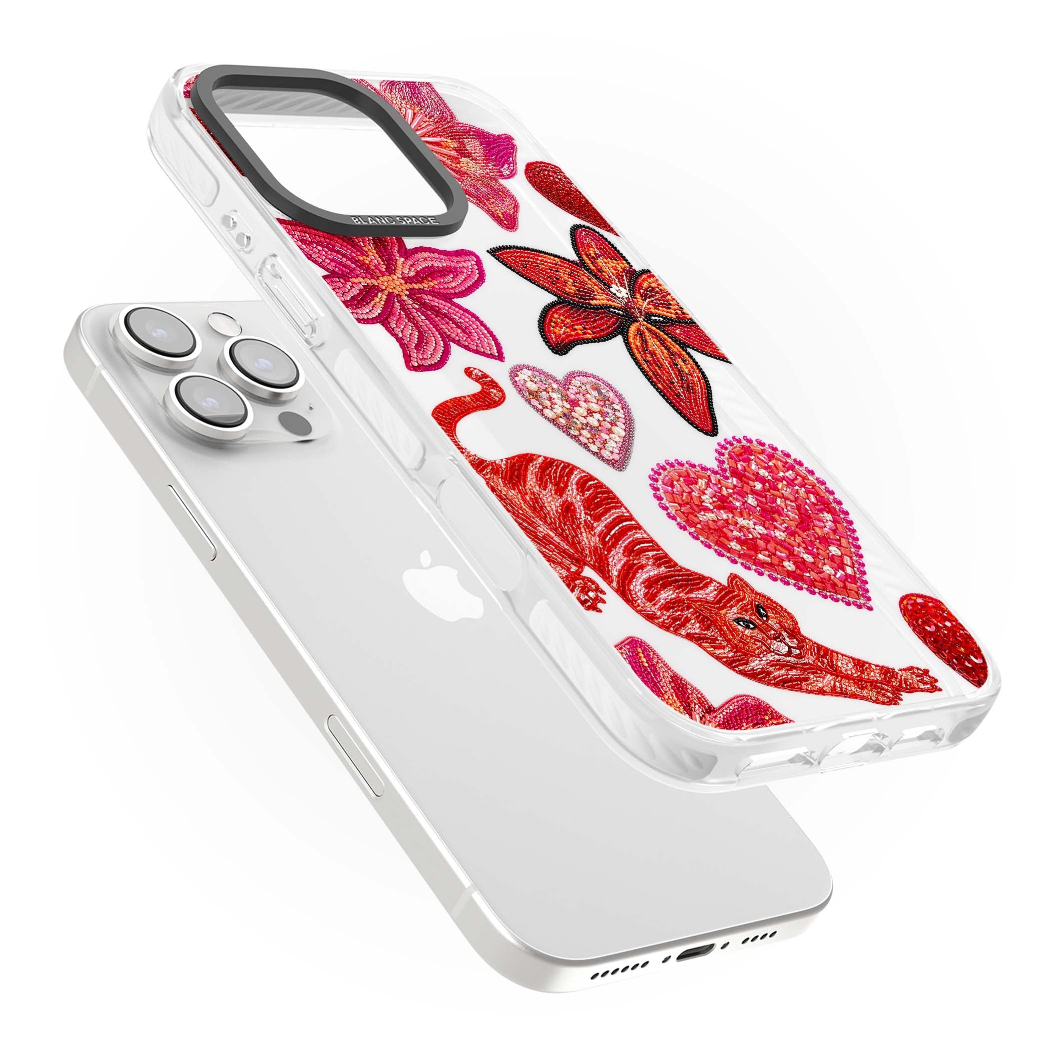 Beaded Boho floral iPhone case featuring beaded red lilies, a stitched tiger, and pearl-encrusted hearts on clear | Clear Impact case for iPhone 16 Pro, iPhone 16 Pro Max