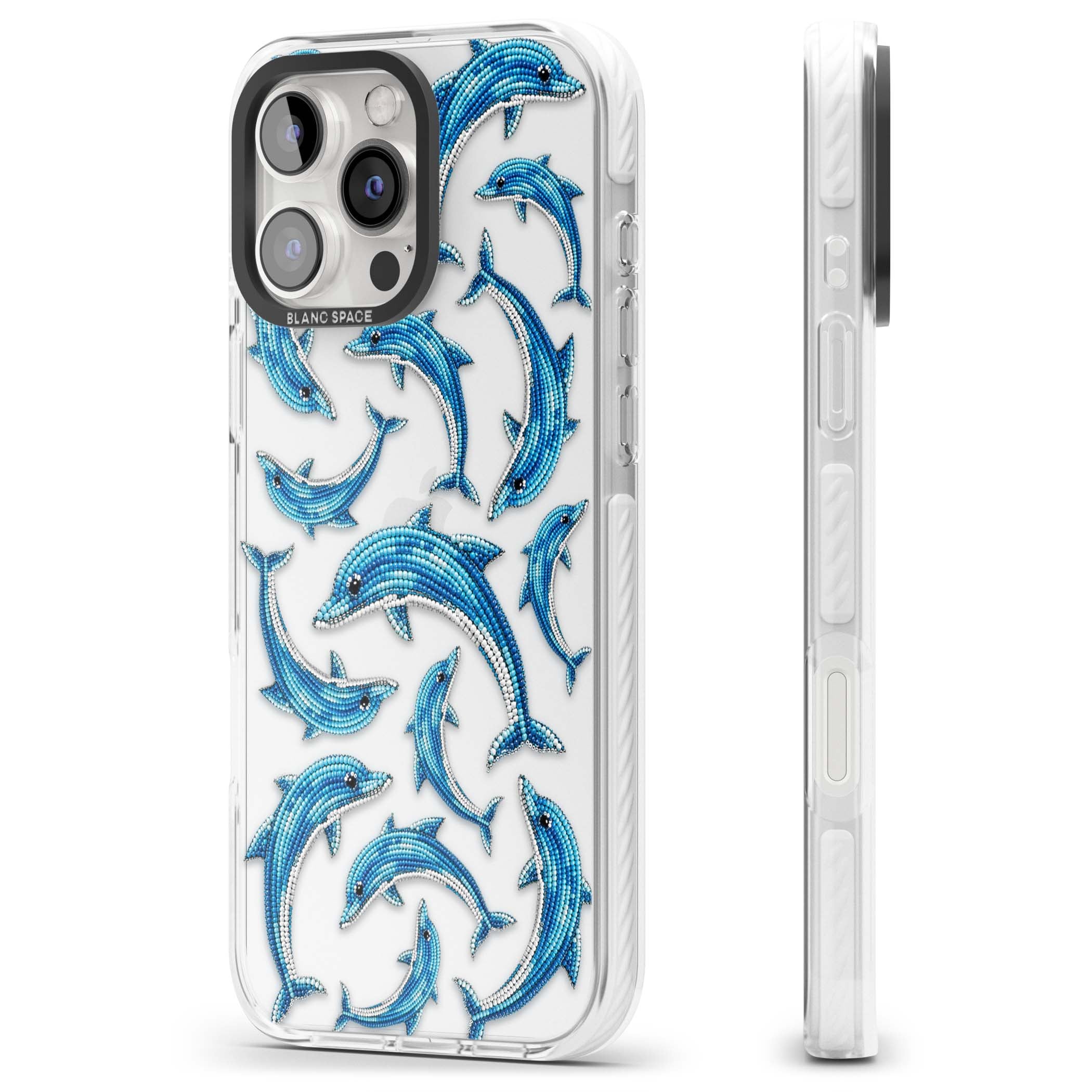 Beaded Dolphins coastal iPhone case featuring beaded dolphins in blue and white swimming across a clear background | Clear Impact case for iPhone 16 Pro, iPhone 16 Pro Max