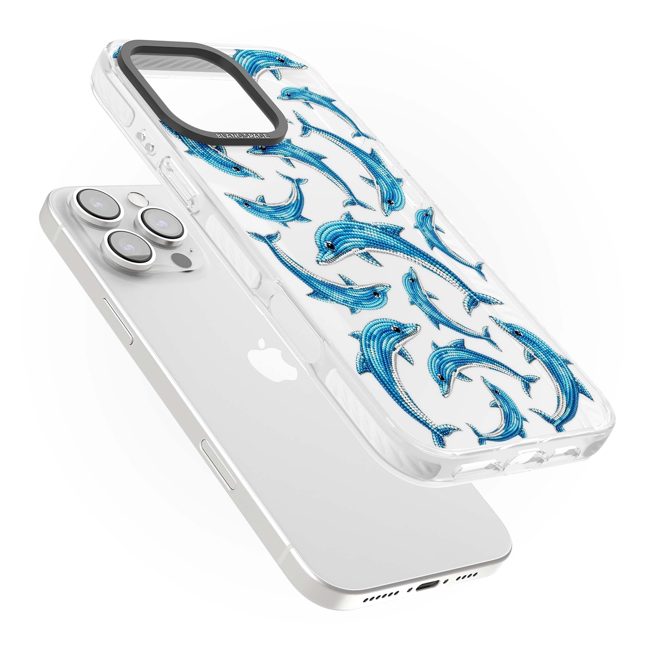 Beaded Dolphins coastal iPhone case featuring beaded dolphins in blue and white swimming across a clear background | Clear Impact case for iPhone 16 Pro, iPhone 16 Pro Max