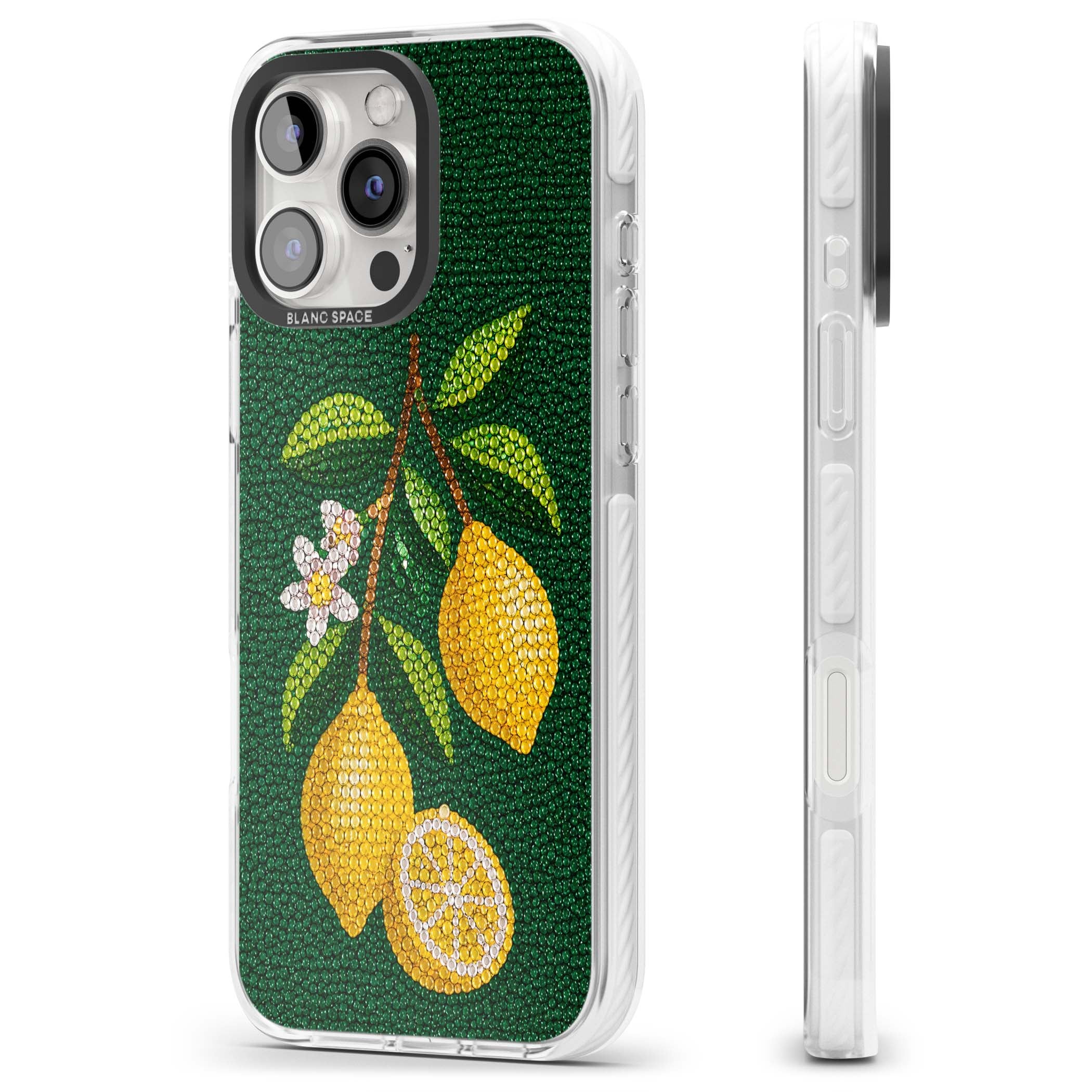 Beaded Lemons coastal iPhone case featuring crystal-beaded lemons, citrus blossom and green leaves on emerald ground | Clear Impact case for iPhone 16 Pro, iPhone 16 Pro Max