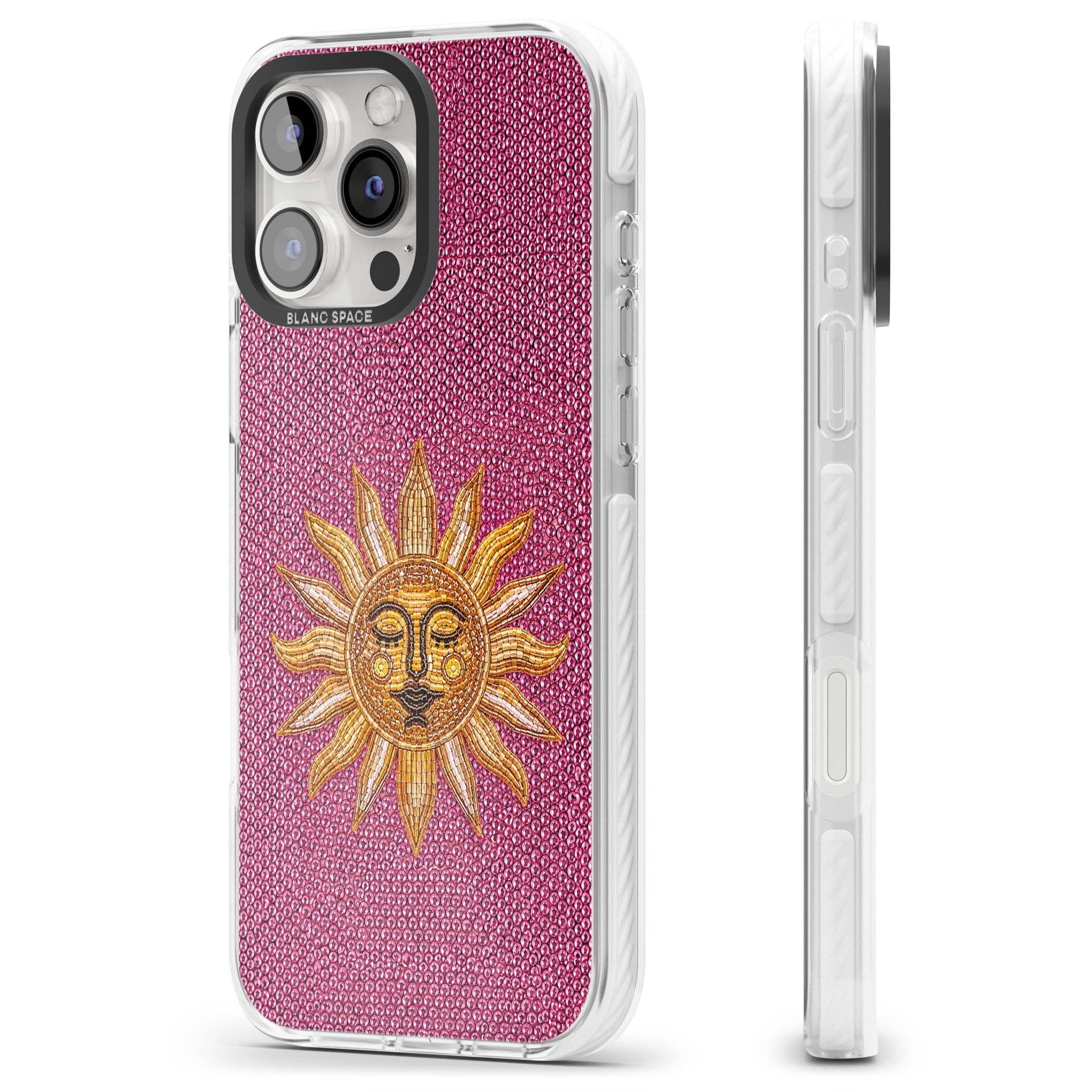 Beaded Sun celestial iPhone case featuring a golden beaded sun face with radiant rays on hot pink beaded background | Clear Impact case for iPhone 16 Pro, iPhone 16 Pro Max