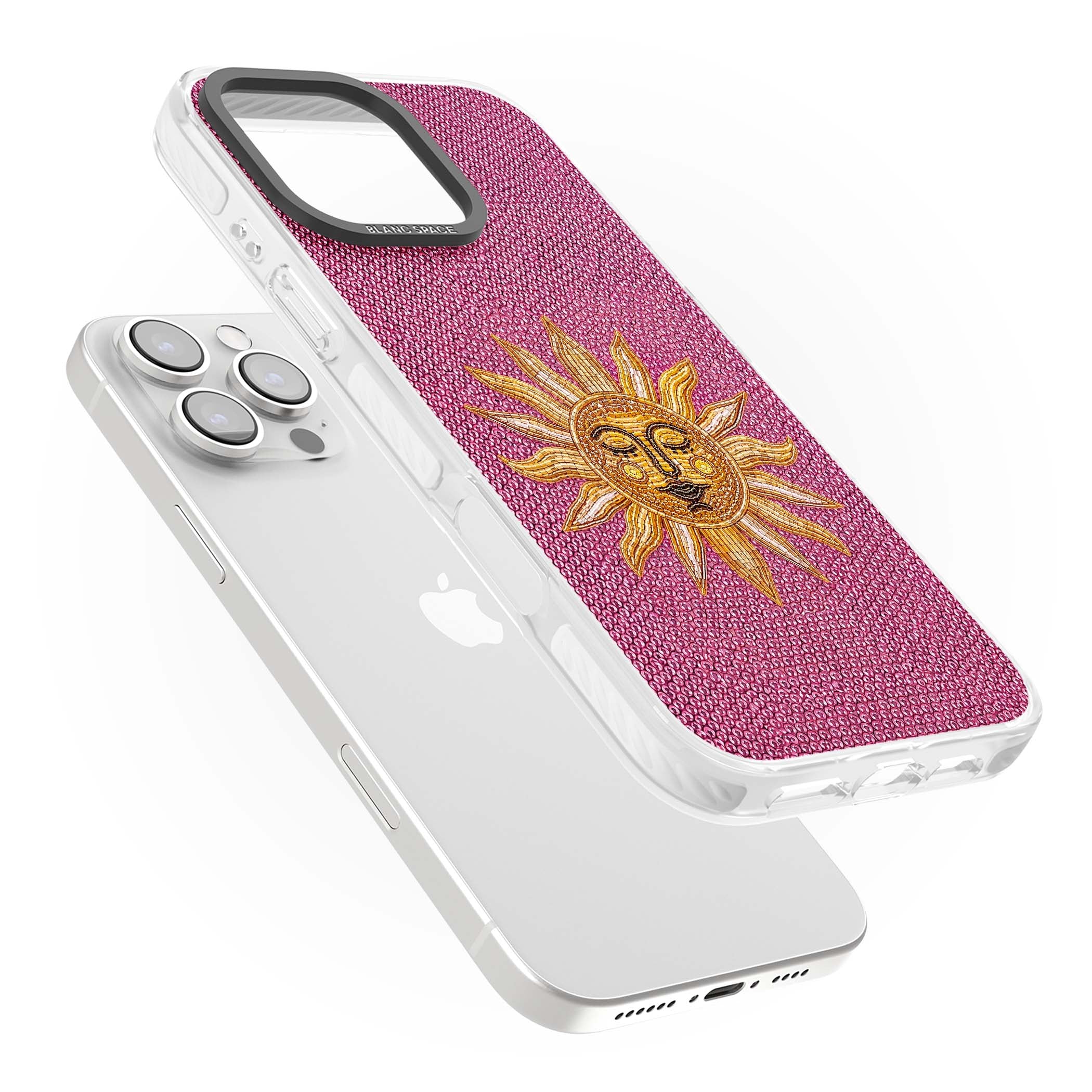 Beaded Sun celestial iPhone case featuring a golden beaded sun face with radiant rays on hot pink beaded background | Clear Impact case for iPhone 16 Pro, iPhone 16 Pro Max
