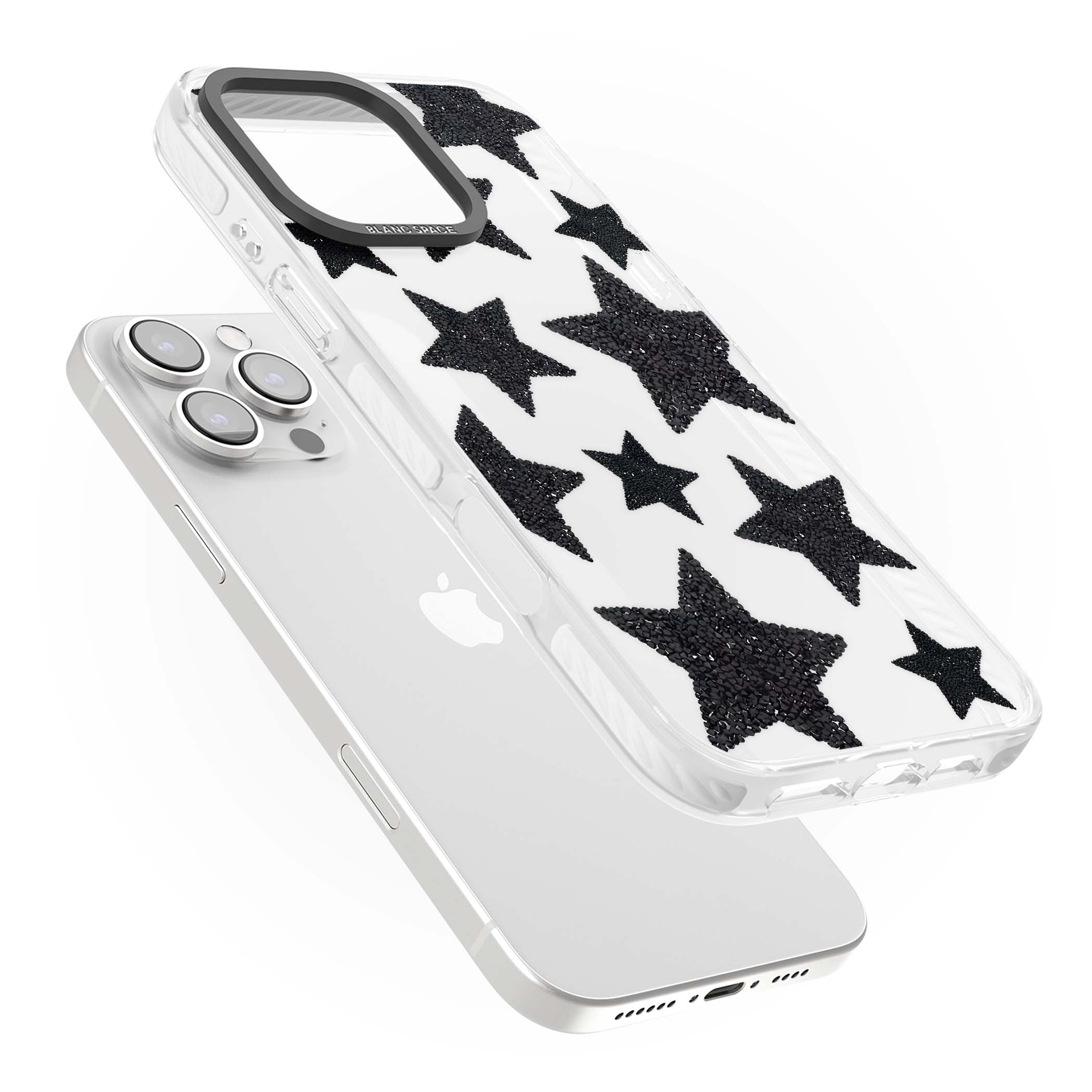 Beaded Black Stars celestial iPhone case featuring black glitter beaded stars scattered on a clear background | Clear Impact case for iPhone 16 Pro, iPhone 16 Pro Max