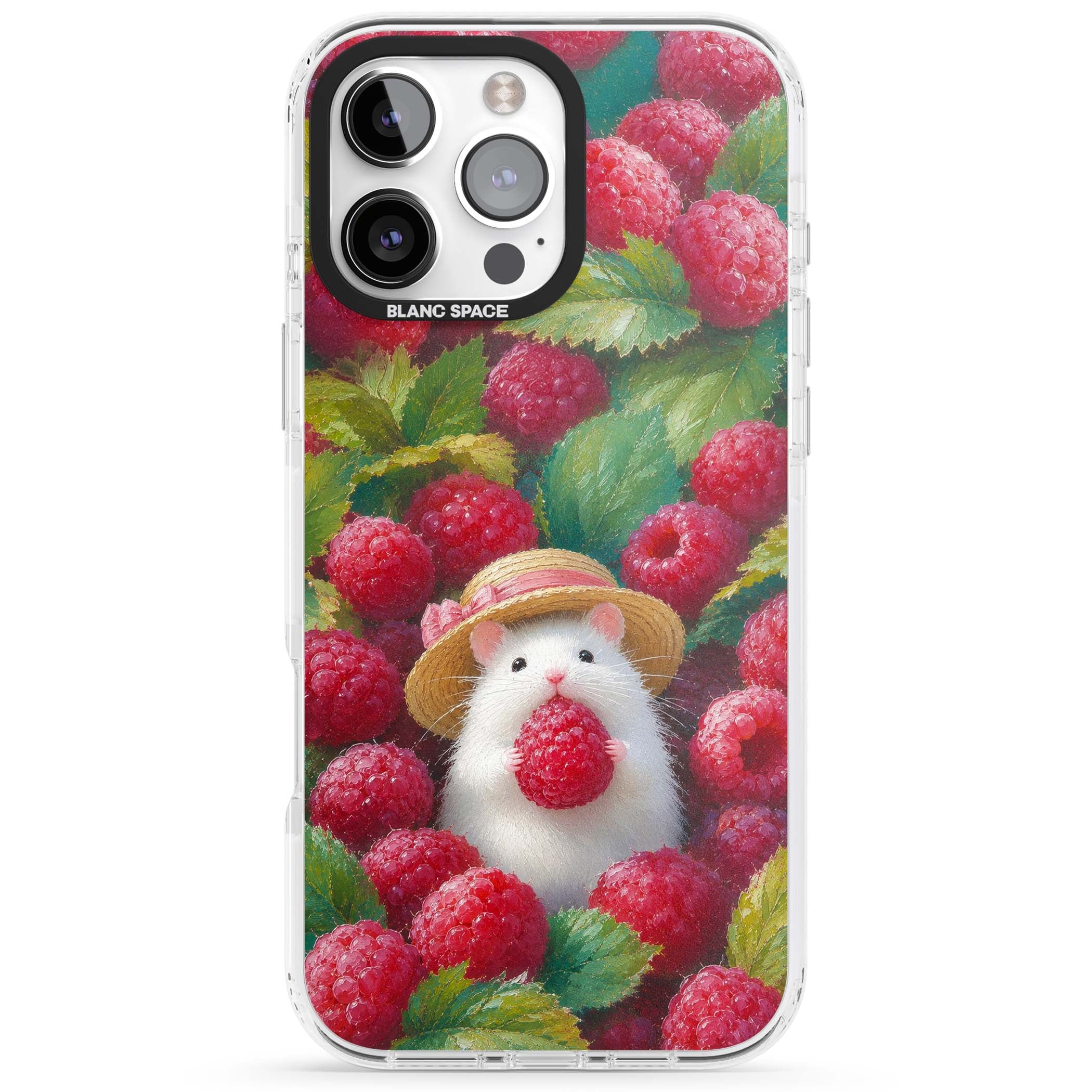 Berry Forager cottagecore iPhone case featuring a white hamster in a straw hat holding a raspberry surrounded by ripe ber | Clear Impact case for iPhone 16 Pro, iPhone 16 Pro Max