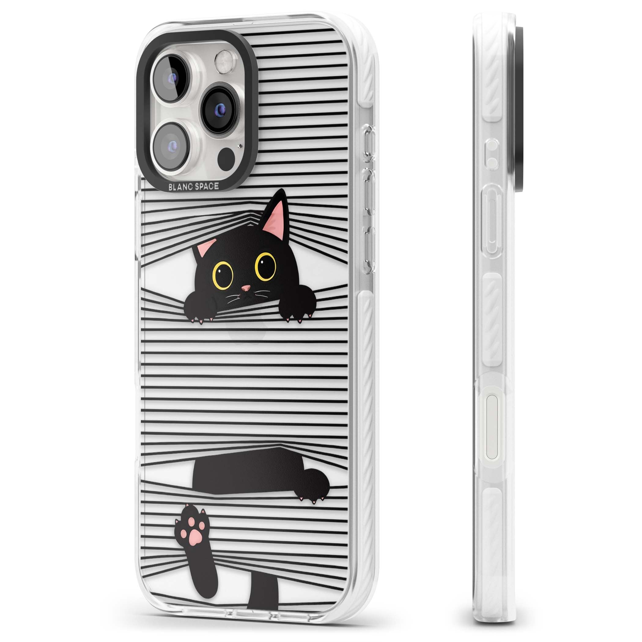 Peek-a-Boo Cat minimal iPhone case featuring black cat peeking through horizontal black and white stripes | Clear Impact case for iPhone 16 Pro, iPhone 16 Pro Max
