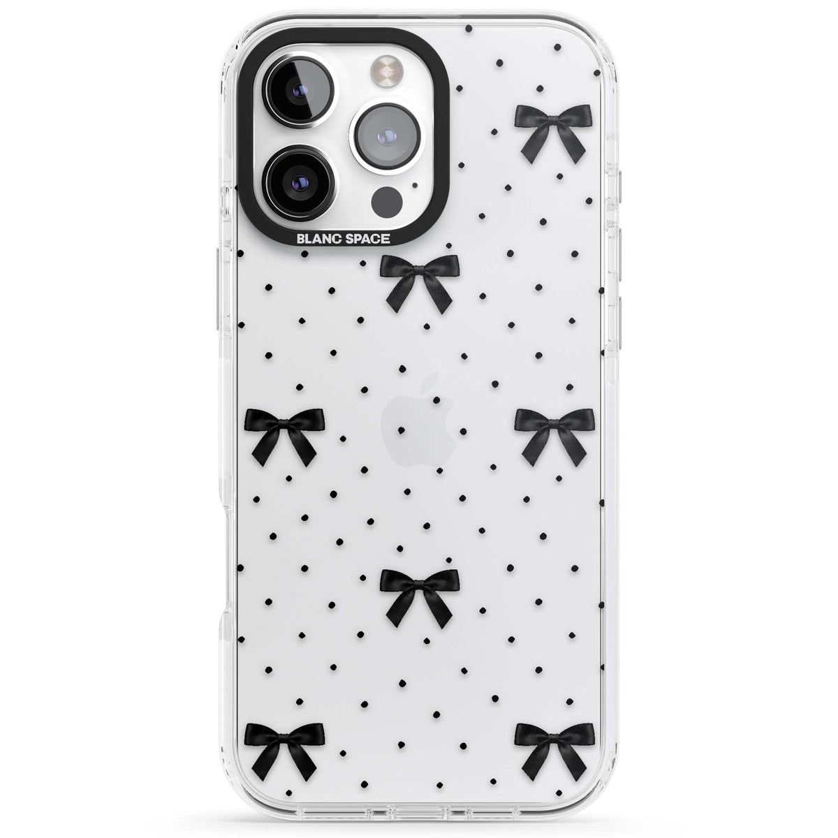 Black Polka Bows coquette iPhone case featuring scattered black satin bows and tiny polka dots on a clear base | Clear Impact case for iPhone 16 Pro, iPhone 16 Pro Max