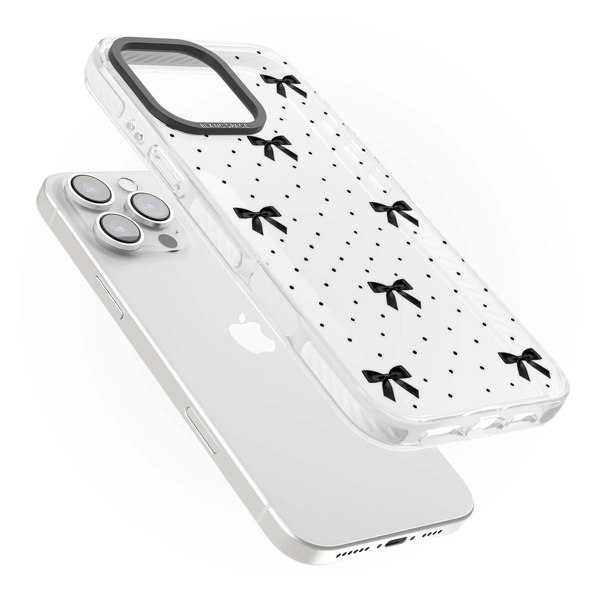 Black Polka Bows coquette iPhone case featuring scattered black satin bows and tiny polka dots on a clear base | Clear Impact case for iPhone 16 Pro, iPhone 16 Pro Max
