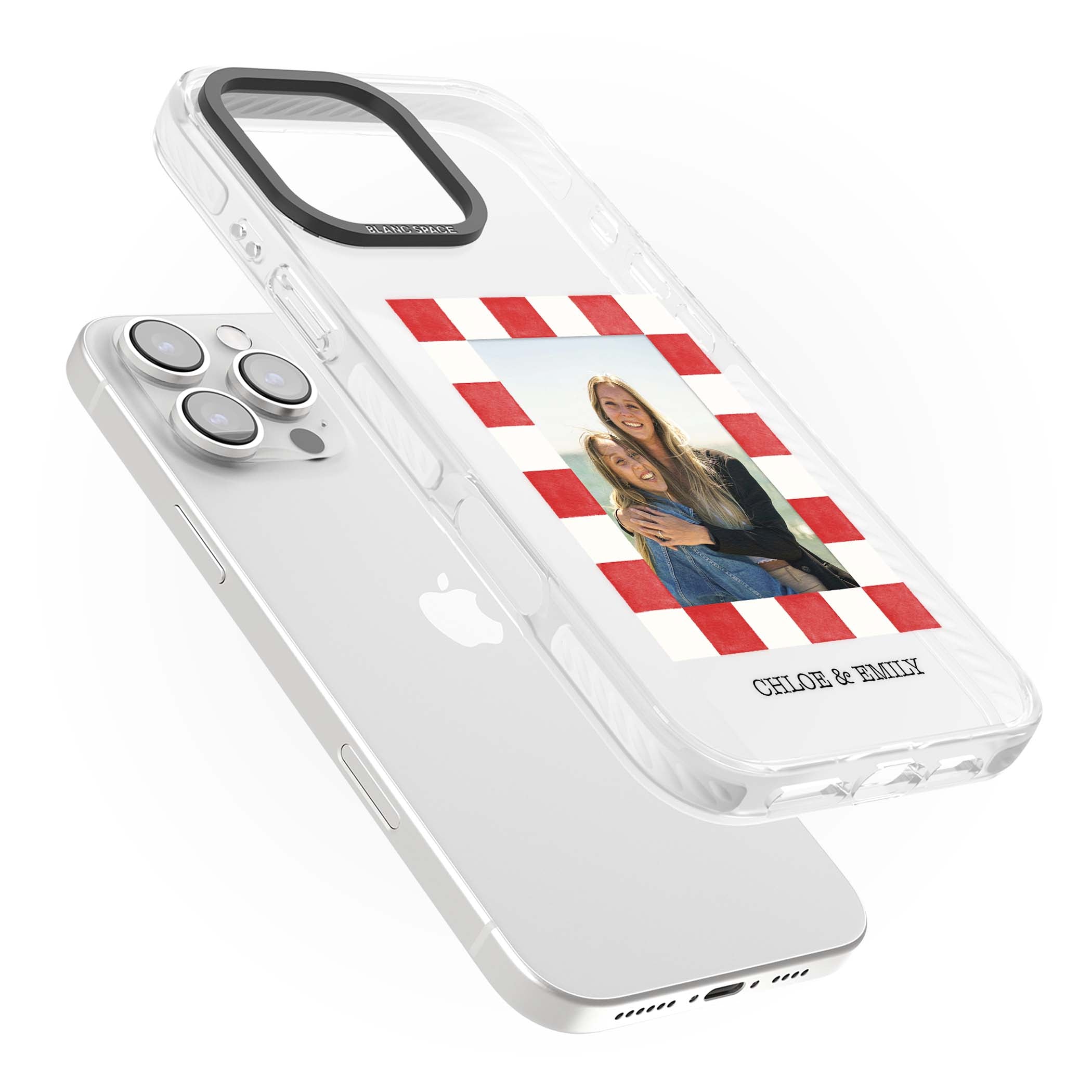 Red Check Photo personalised photo iPhone case with red and white checkered polaroid frame and custom couple name | Clear Impact case for iPhone 16 Pro, iPhone 16 Pro Max
