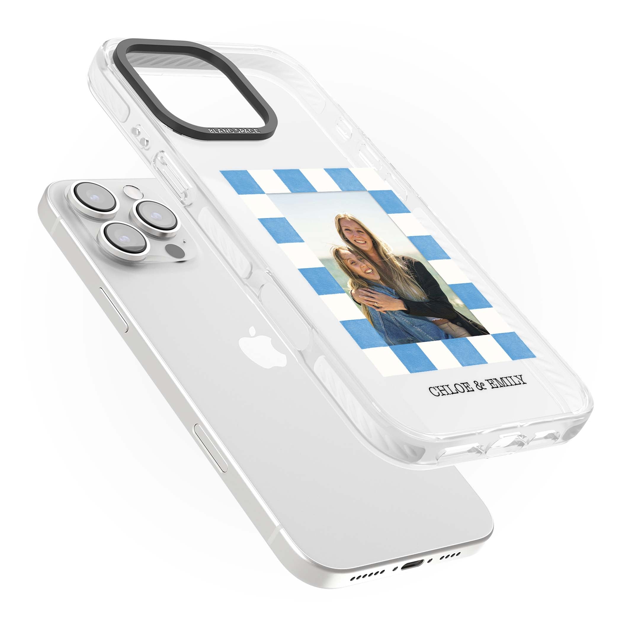 Blue Check Photo personalised photo iPhone case with blue checkered frame and custom couple names | Clear Impact case for iPhone 16 Pro, iPhone 16 Pro Max