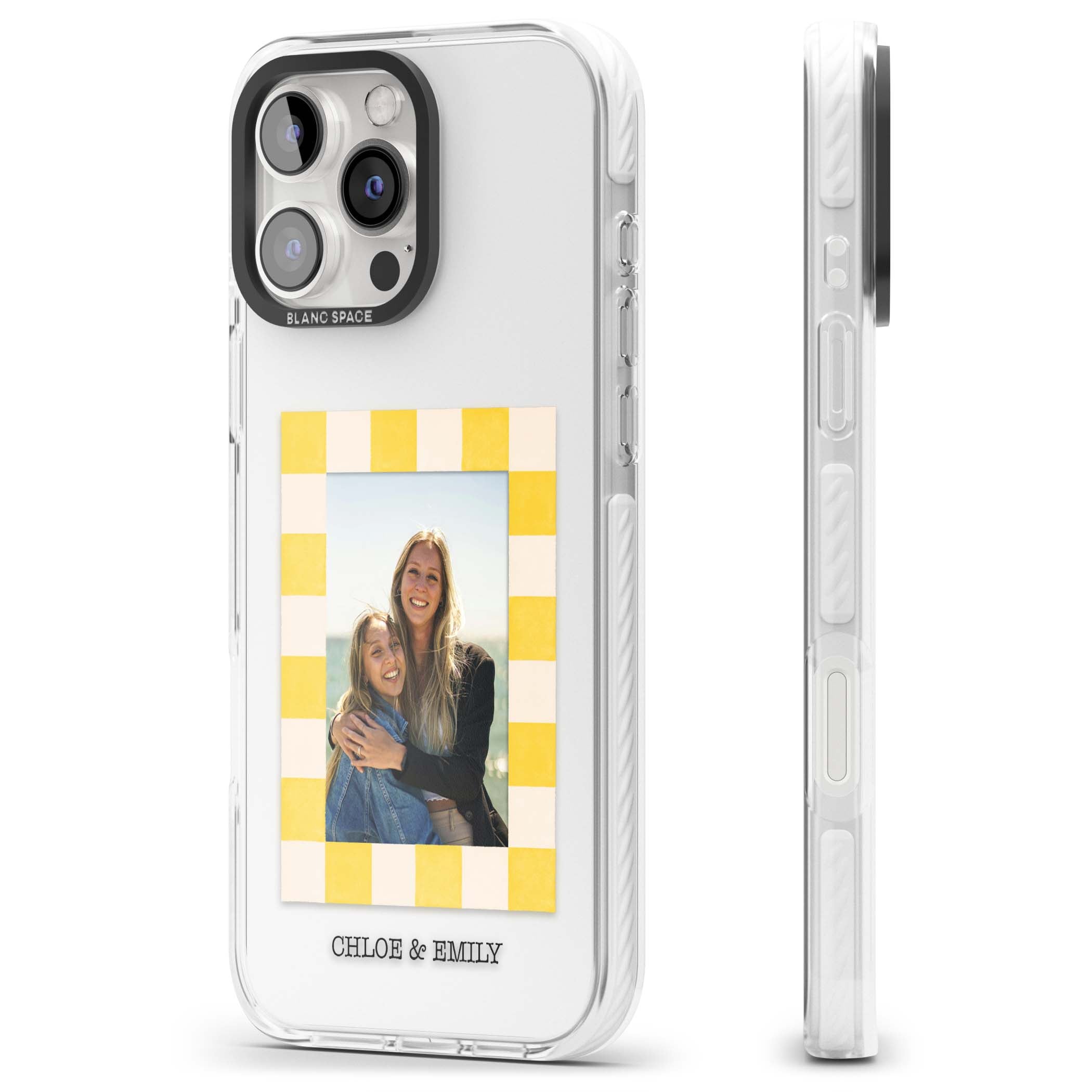 Yellow Check Photo personalised iPhone case with yellow checkered Polaroid frame and custom names beneath | Clear Impact case for iPhone 16 Pro, iPhone 16 Pro Max