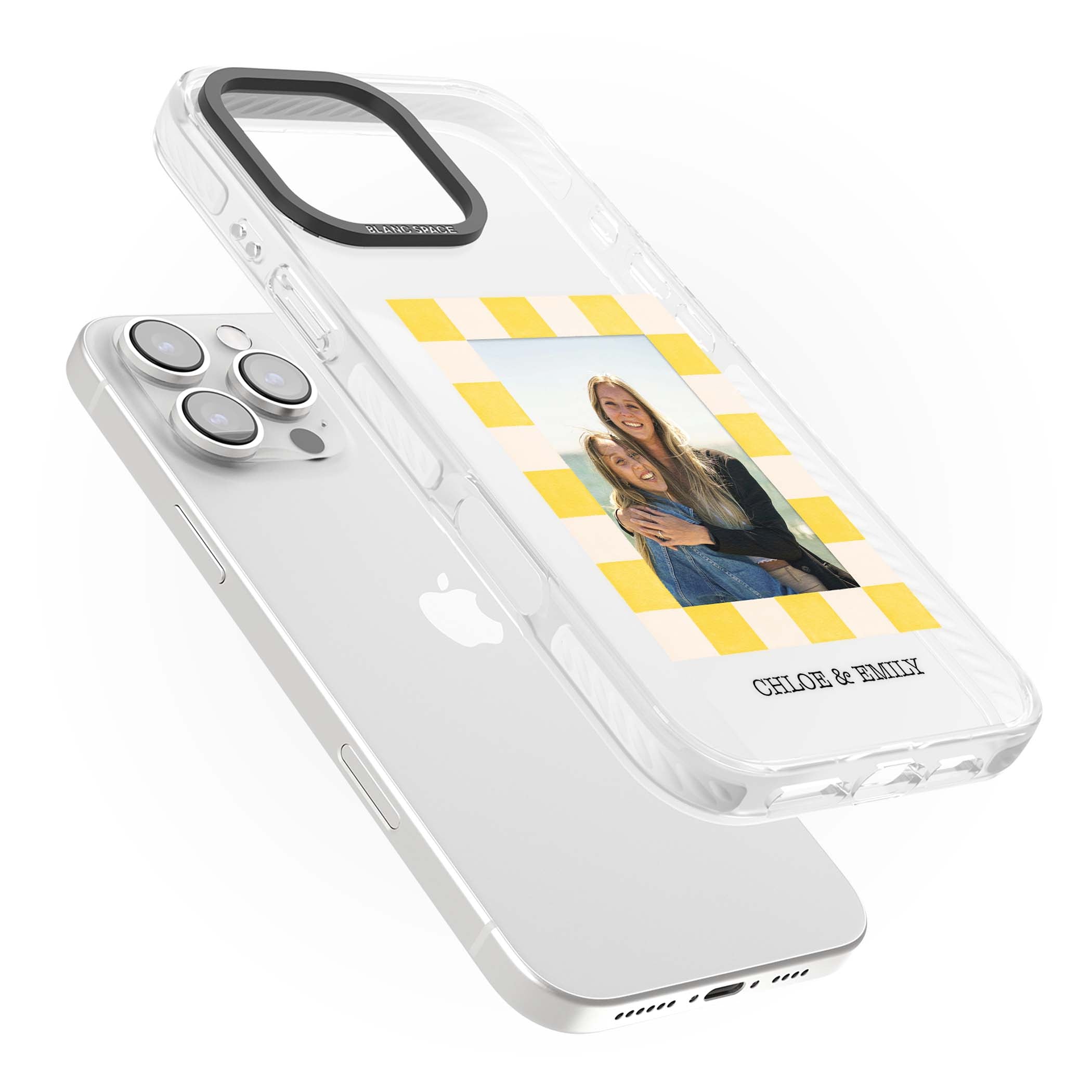 Yellow Check Photo personalised iPhone case with yellow checkered Polaroid frame and custom names beneath | Clear Impact case for iPhone 16 Pro, iPhone 16 Pro Max