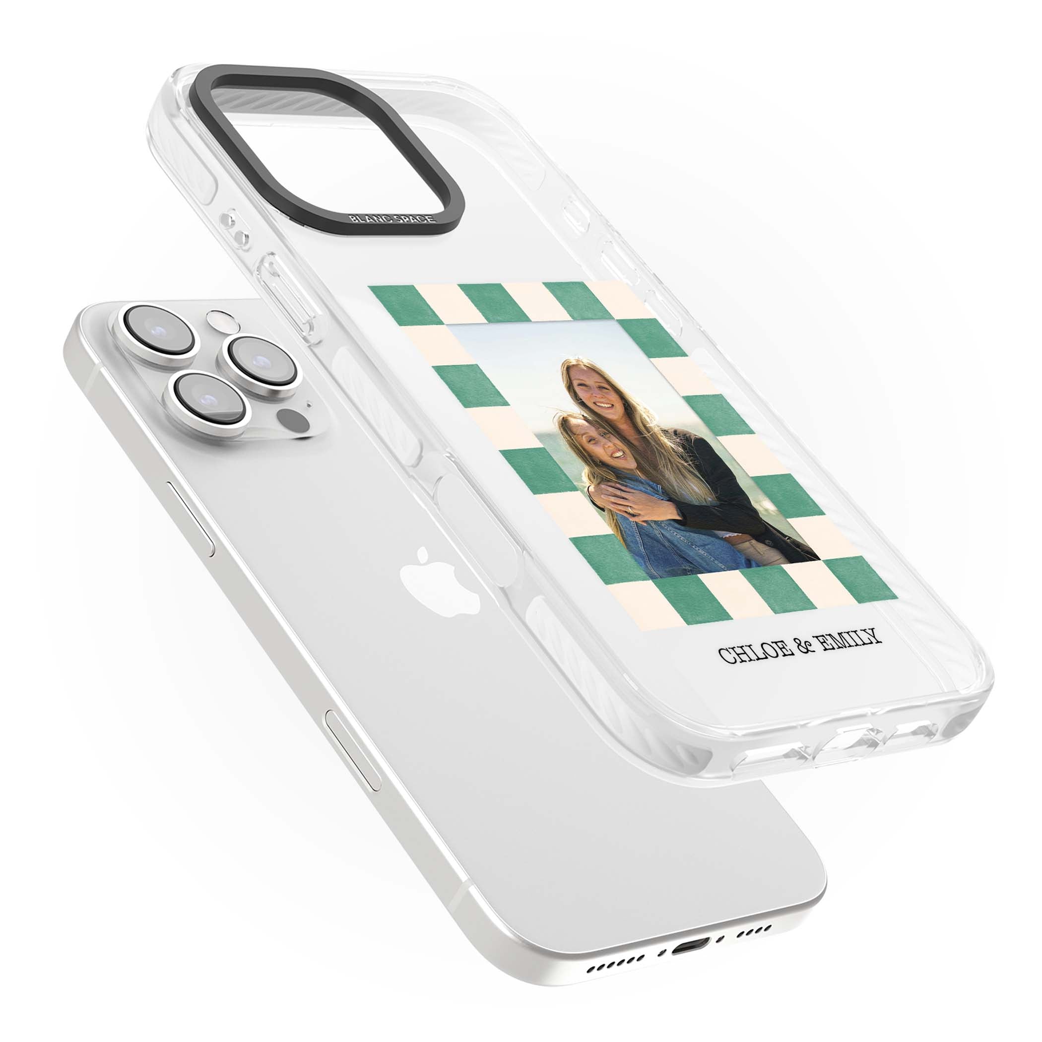 Seafoam Check Photo personalised iPhone case featuring a custom polaroid photo, green and cream checkered frame, and custom n | Clear Impact case for iPhone 16 Pro, iPhone 16 Pro Max