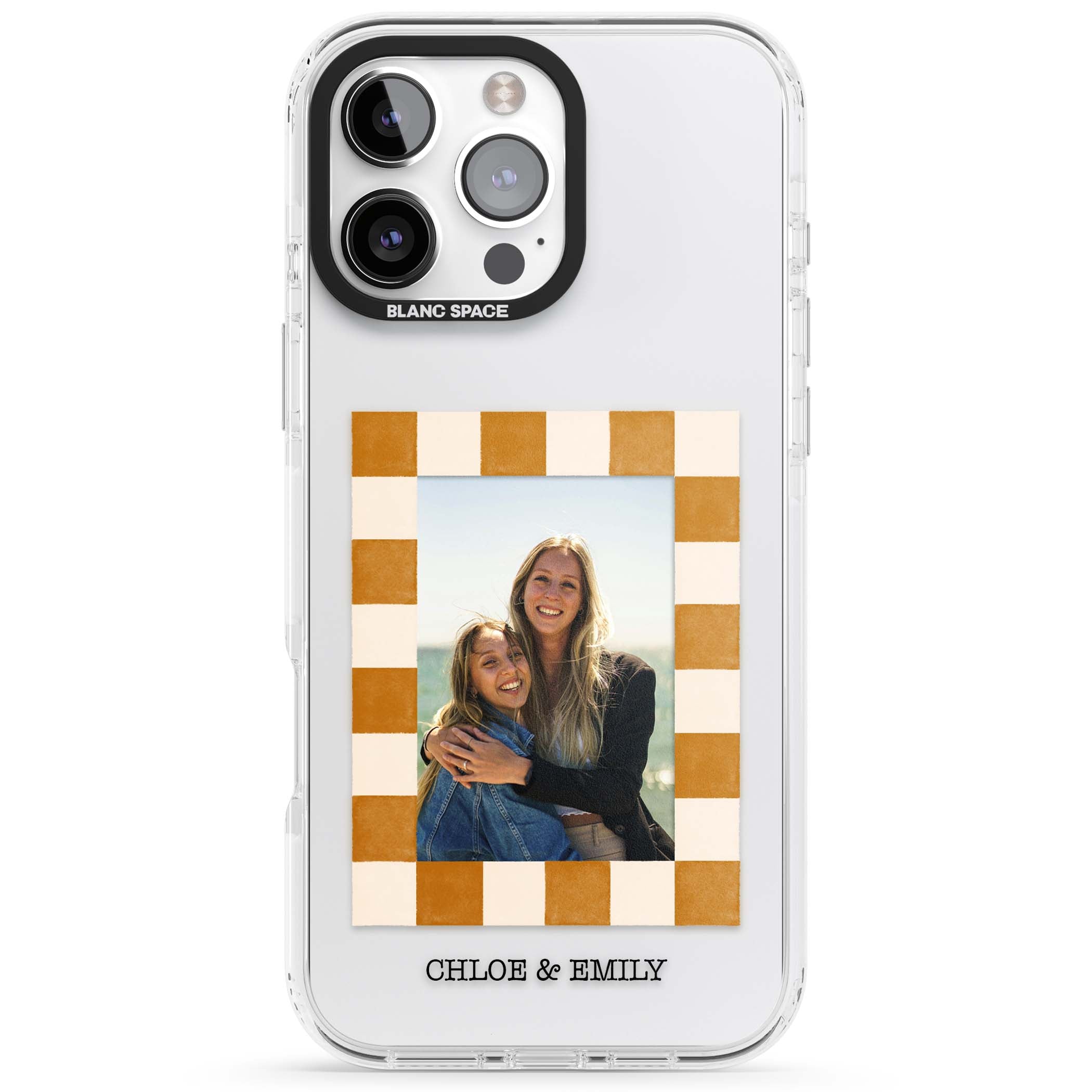 Citrus Check Photo personalised iPhone case with custom photo, orange checkered frame and names underneath | Clear Impact case for iPhone 16 Pro, iPhone 16 Pro Max