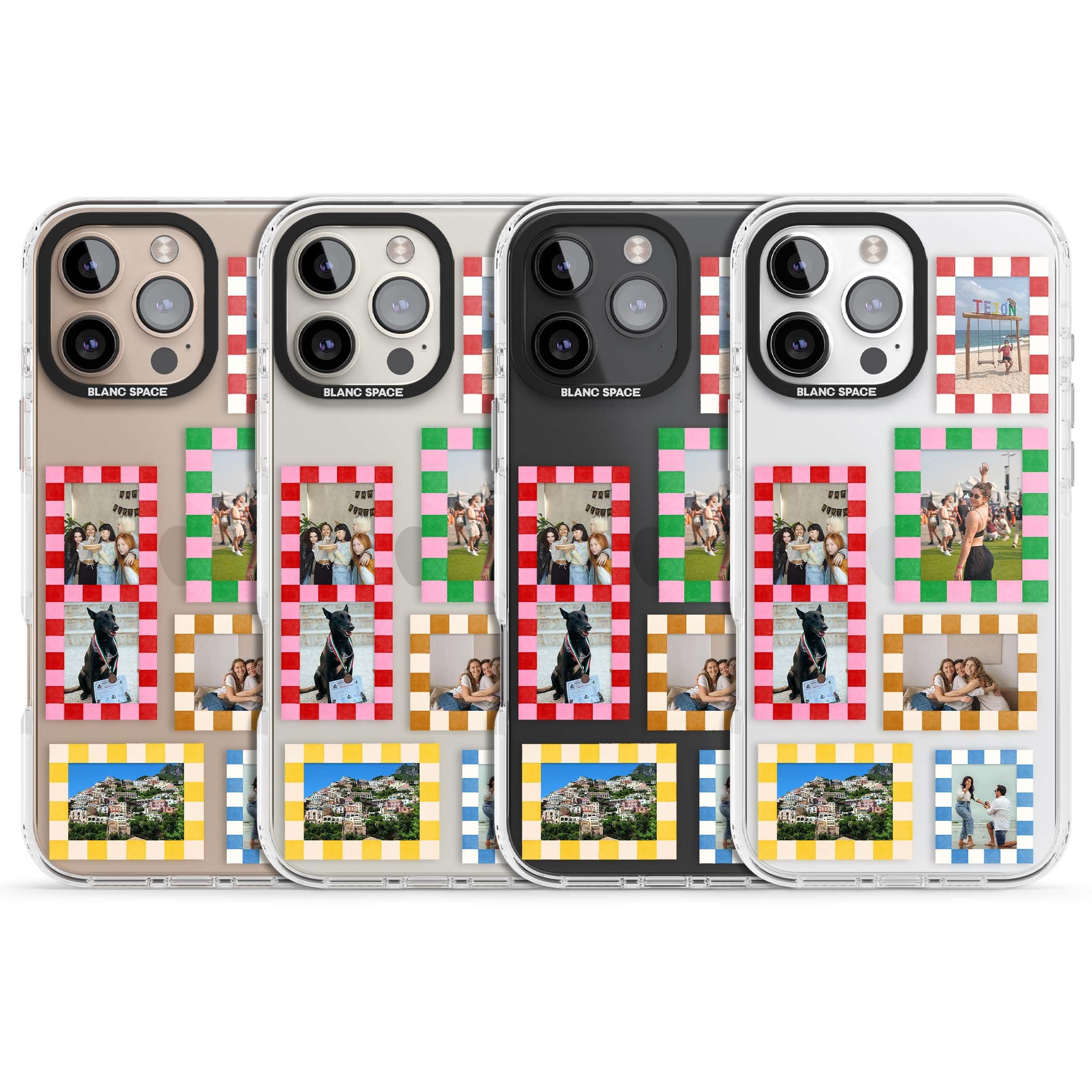 Italian Check Frames custom photo collage iPhone case featuring six checkered photo frames in red, green, pink and  | Clear Impact case for iPhone 16 Pro, iPhone 16 Pro Max