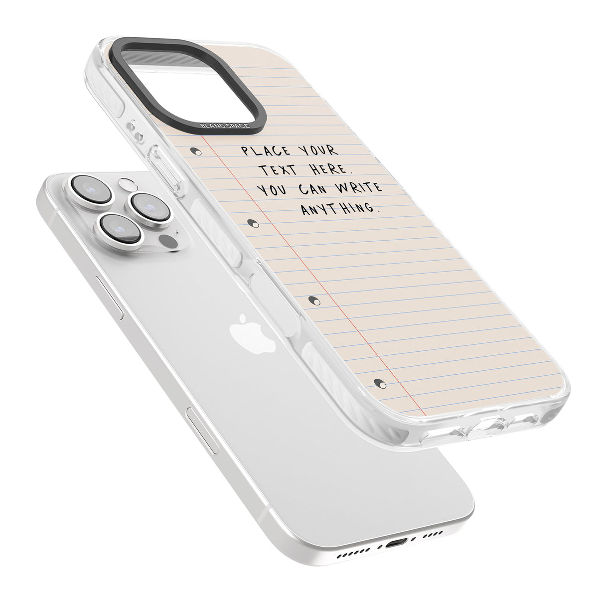 Personalised Lined Paper iPhone 16 Pro / iPhone 16 Pro Max Impact Clear Phone Case angled