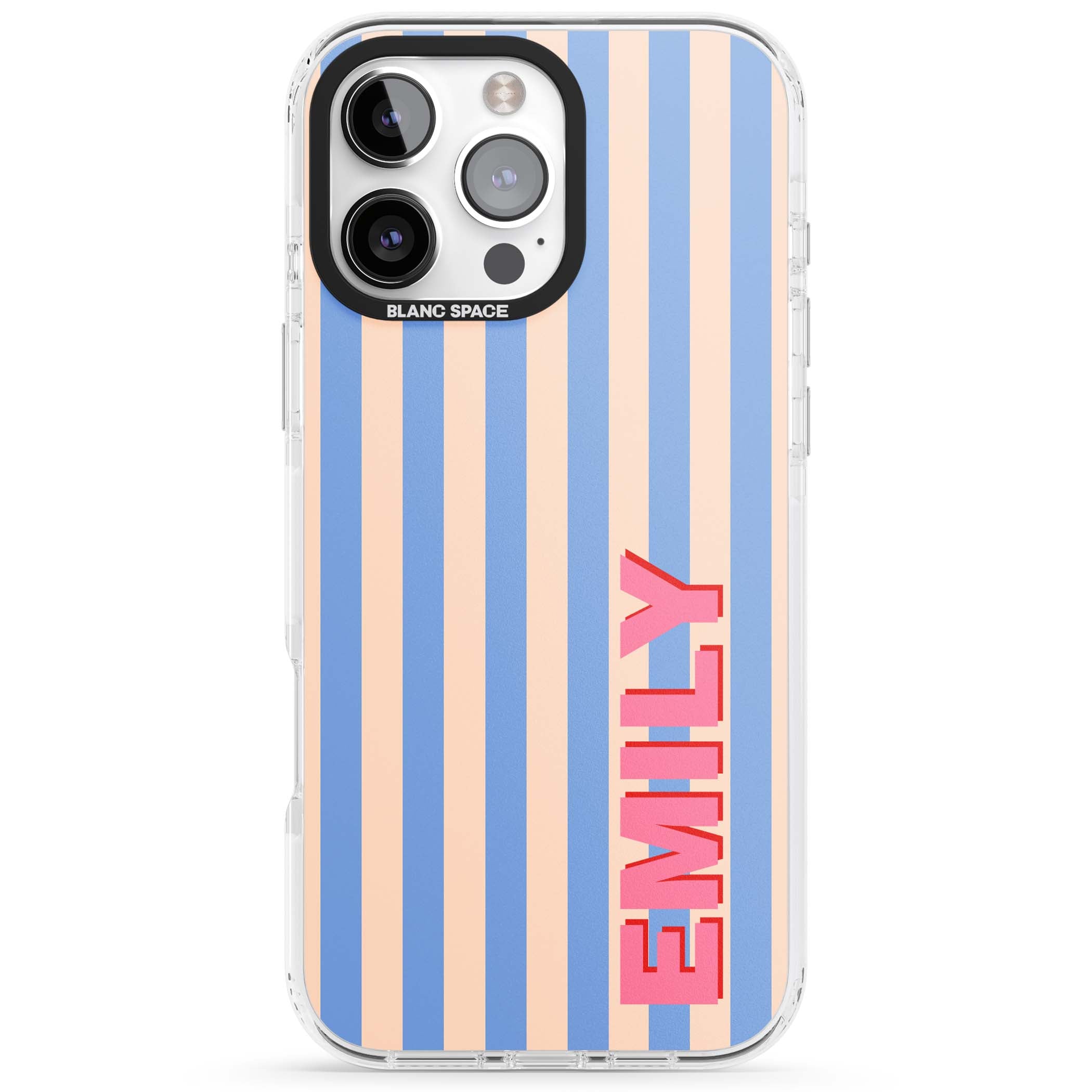 Coastal Stripe personalised coastal iPhone case with blue and peach vertical stripes and custom pink name | Clear Impact case for iPhone 16 Pro, iPhone 16 Pro Max