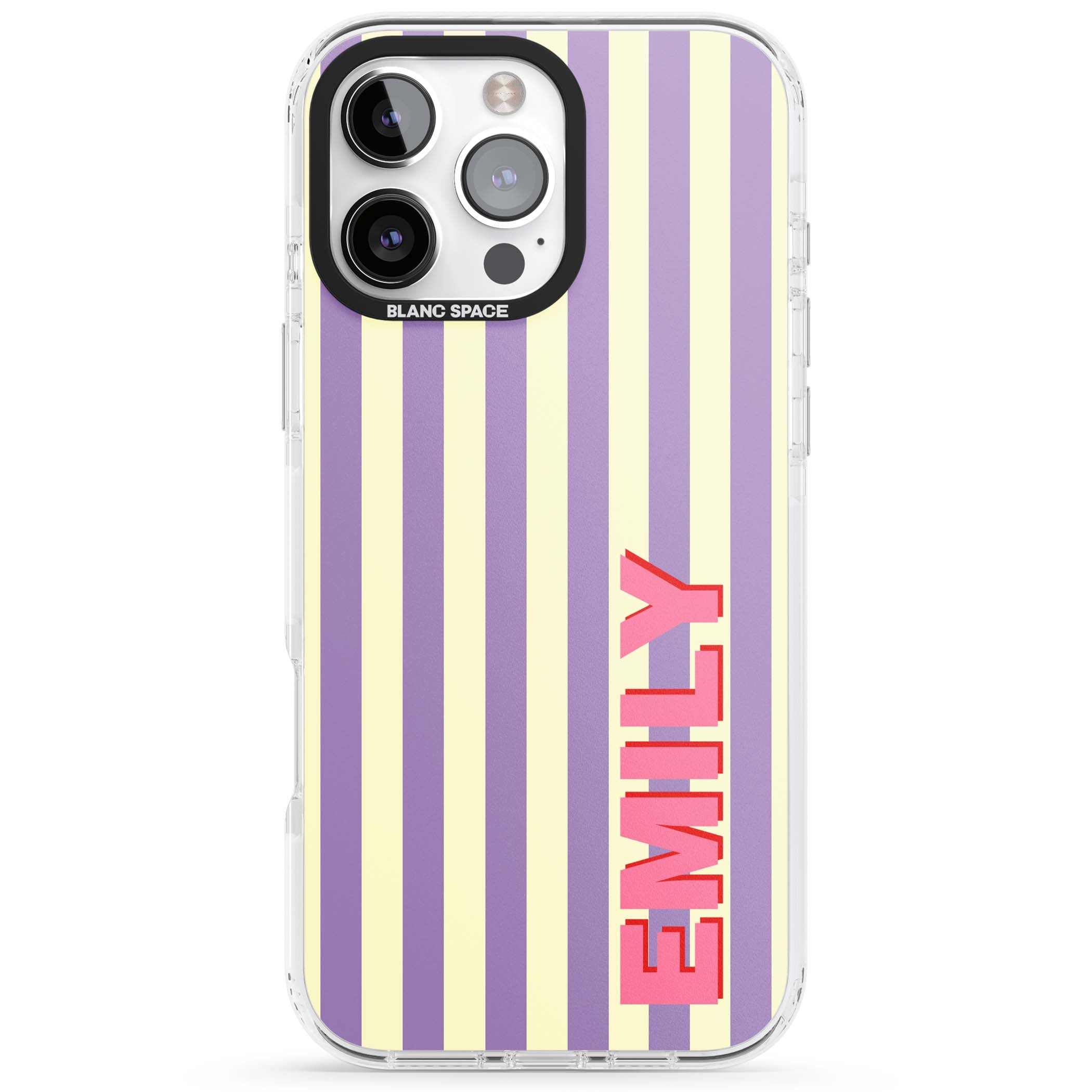 Valensole Stripe personalised iPhone case with purple and cream vertical stripes and pink custom name | Clear Impact case for iPhone 16 Pro, iPhone 16 Pro Max