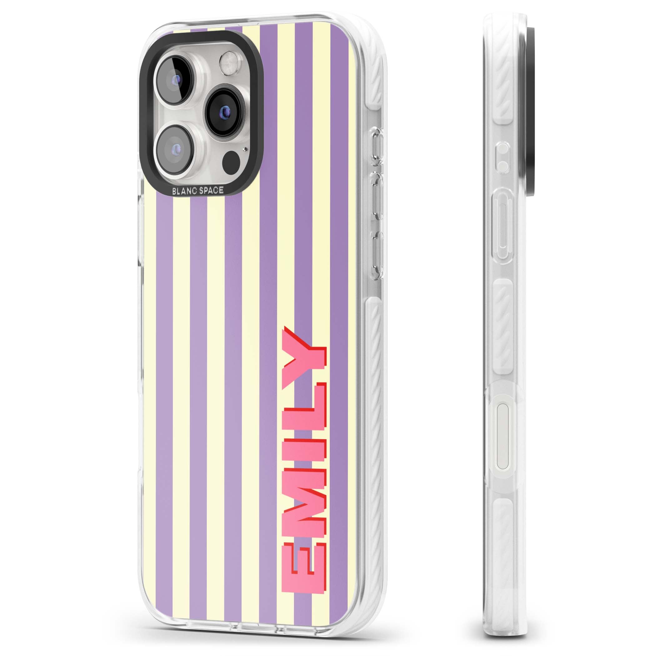 Valensole Stripe personalised iPhone case with purple and cream vertical stripes and pink custom name | Clear Impact case for iPhone 16 Pro, iPhone 16 Pro Max