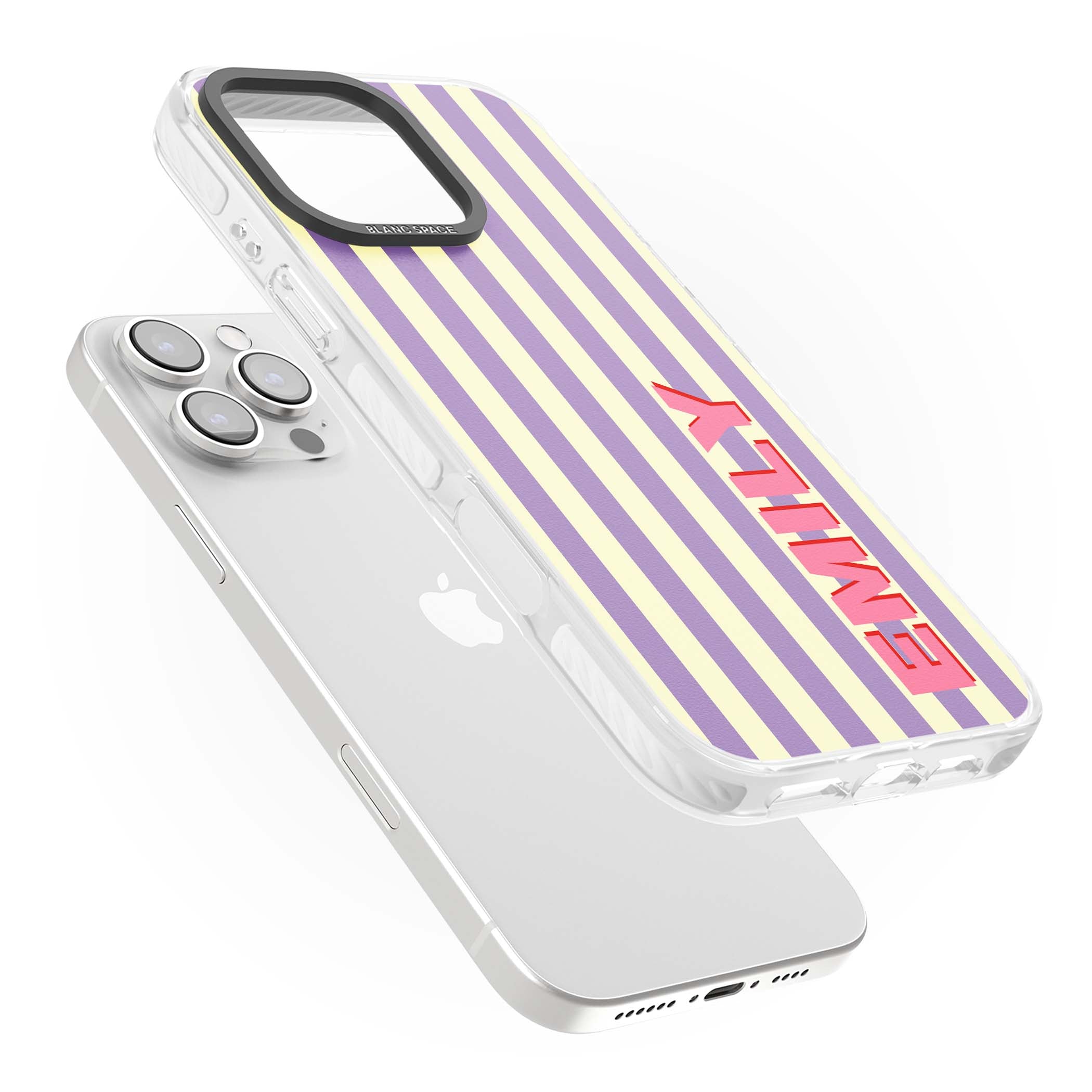 Valensole Stripe personalised iPhone case with purple and cream vertical stripes and pink custom name | Clear Impact case for iPhone 16 Pro, iPhone 16 Pro Max