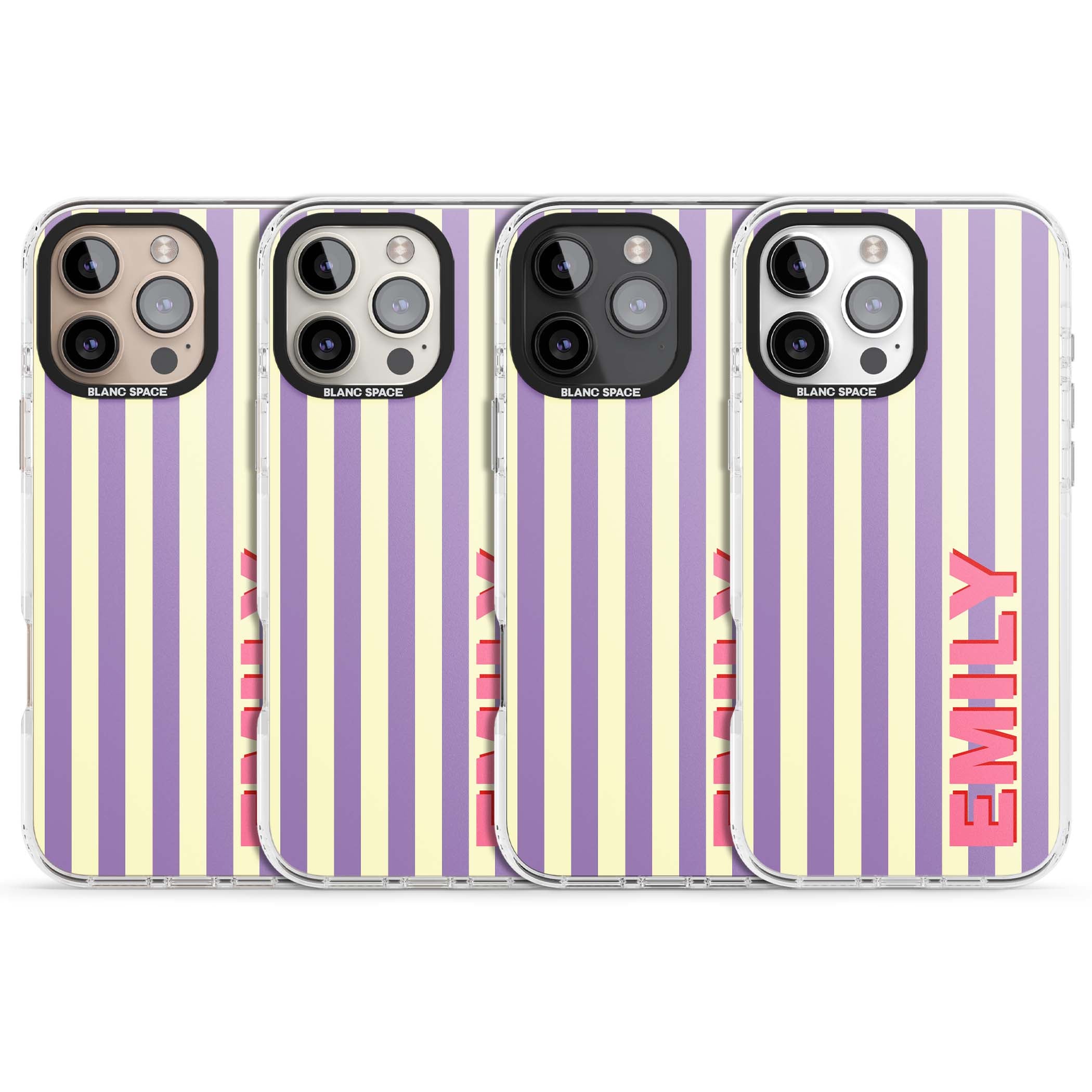 Valensole Stripe personalised iPhone case with purple and cream vertical stripes and pink custom name | Clear Impact case for iPhone 16 Pro, iPhone 16 Pro Max