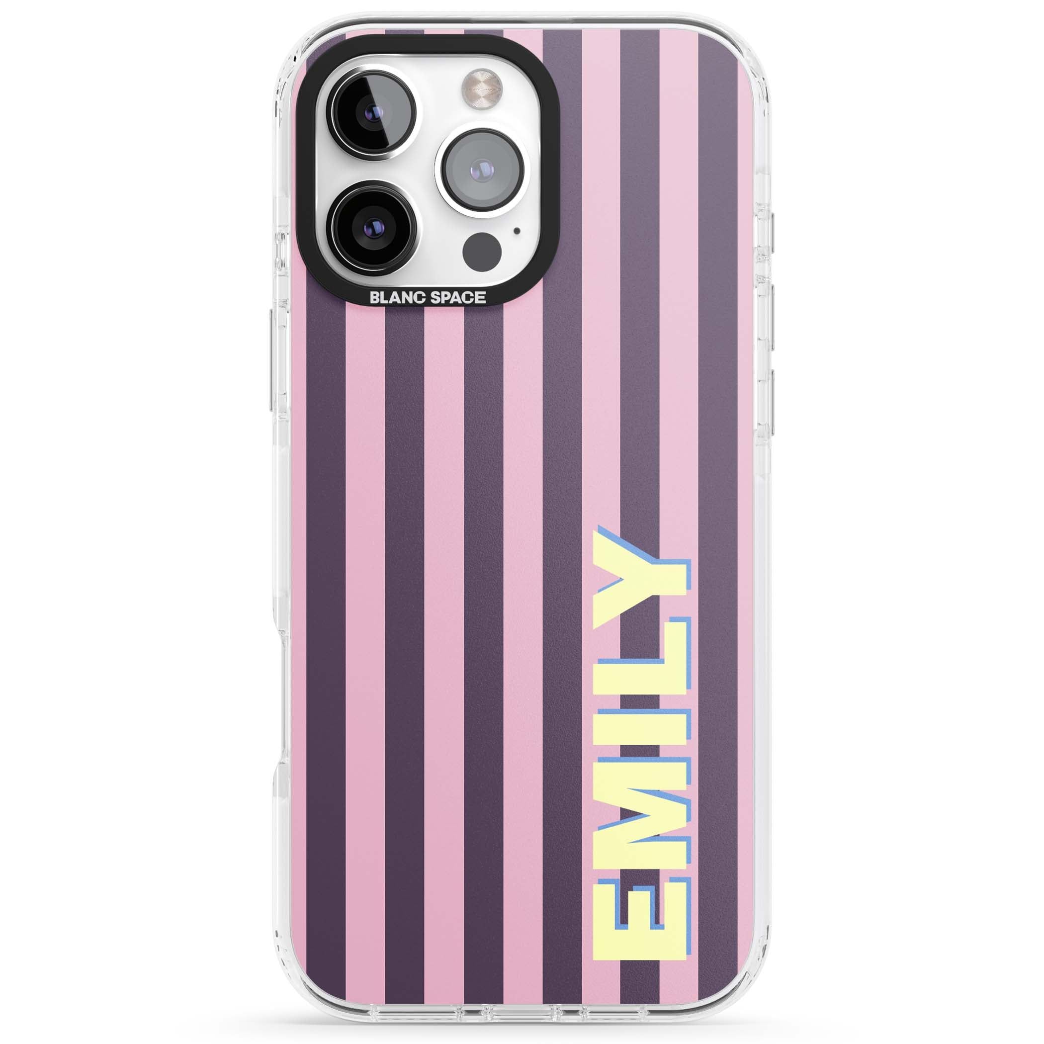 Tyre Stripe personalised stripe iPhone case with plum and pink vertical stripes and custom yellow name | Clear Impact case for iPhone 16 Pro, iPhone 16 Pro Max