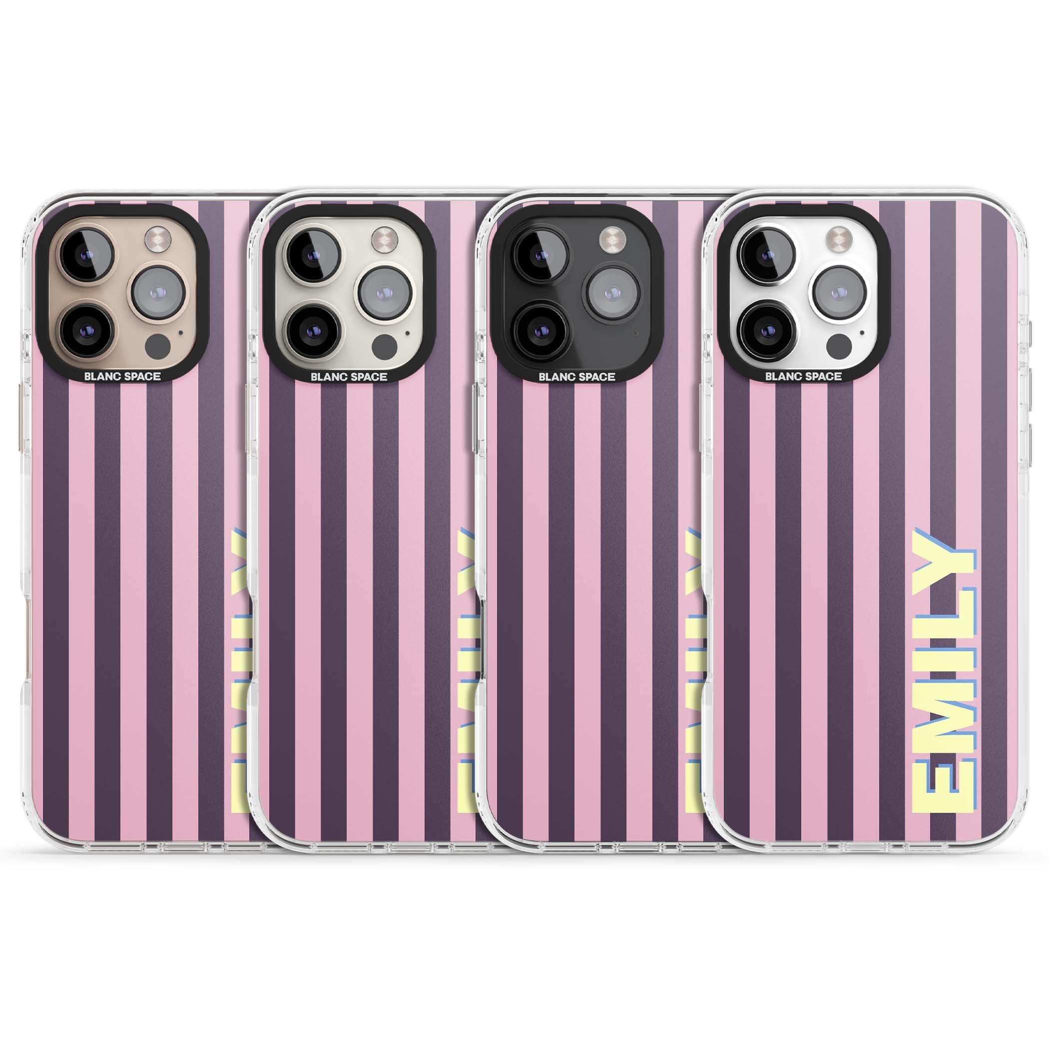 Tyre Stripe personalised stripe iPhone case with plum and pink vertical stripes and custom yellow name | Clear Impact case for iPhone 16 Pro, iPhone 16 Pro Max