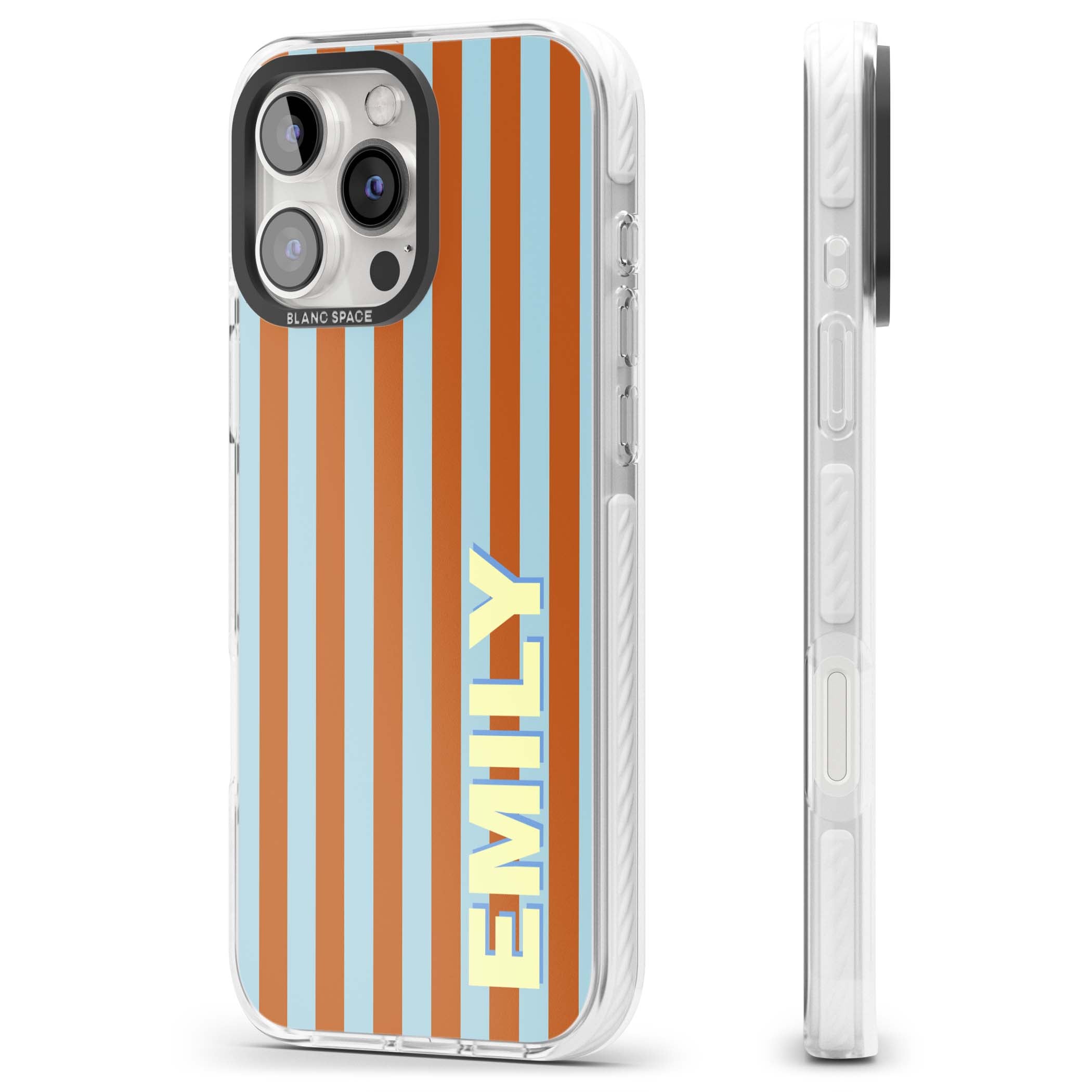Cappadocia Stripe personalised coastal iPhone case featuring blue and orange vertical stripes with custom cream name | Clear Impact case for iPhone 16 Pro, iPhone 16 Pro Max