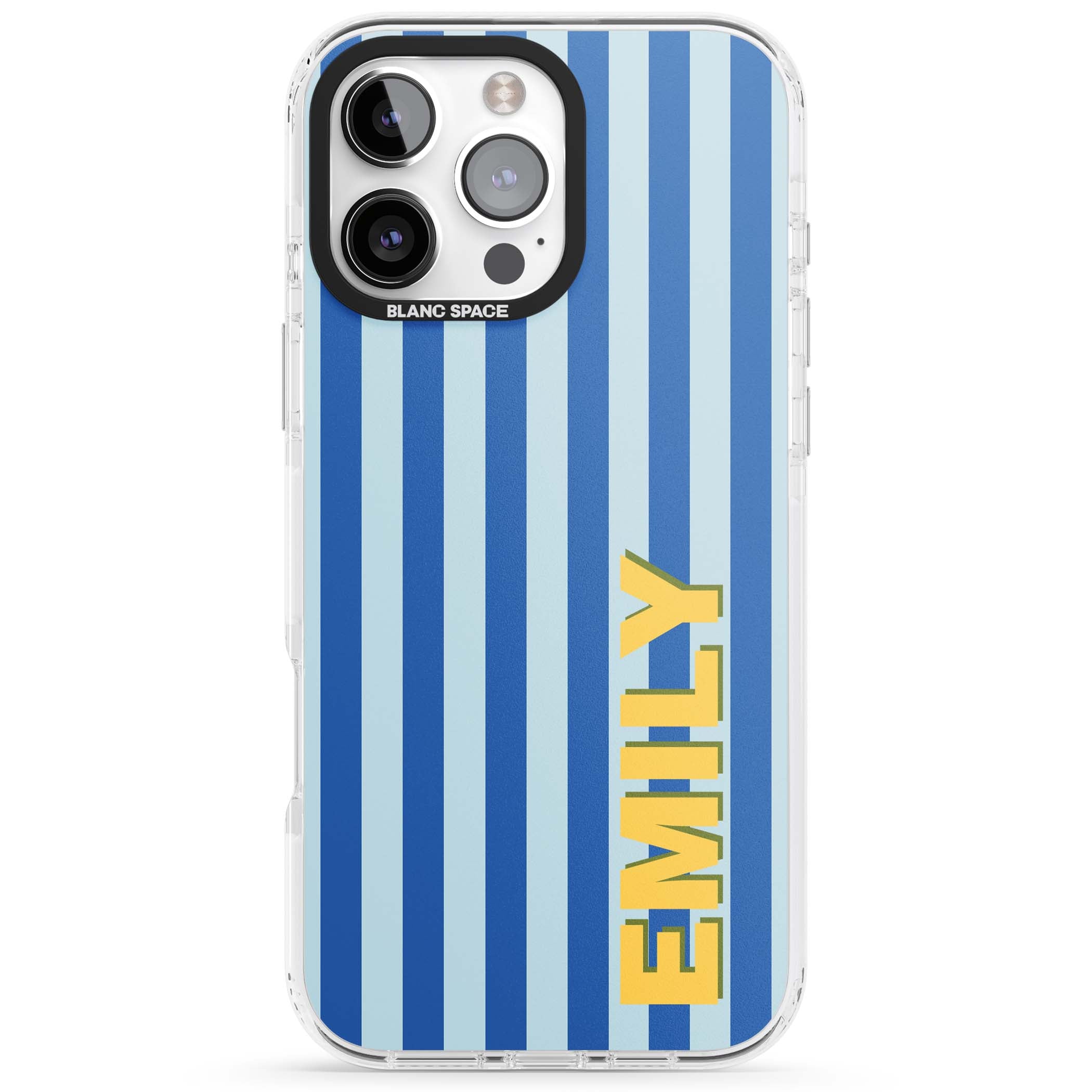 Athenian Stripe personalised preppy iPhone case featuring blue vertical stripes and a custom yellow name | Clear Impact case for iPhone 16 Pro, iPhone 16 Pro Max