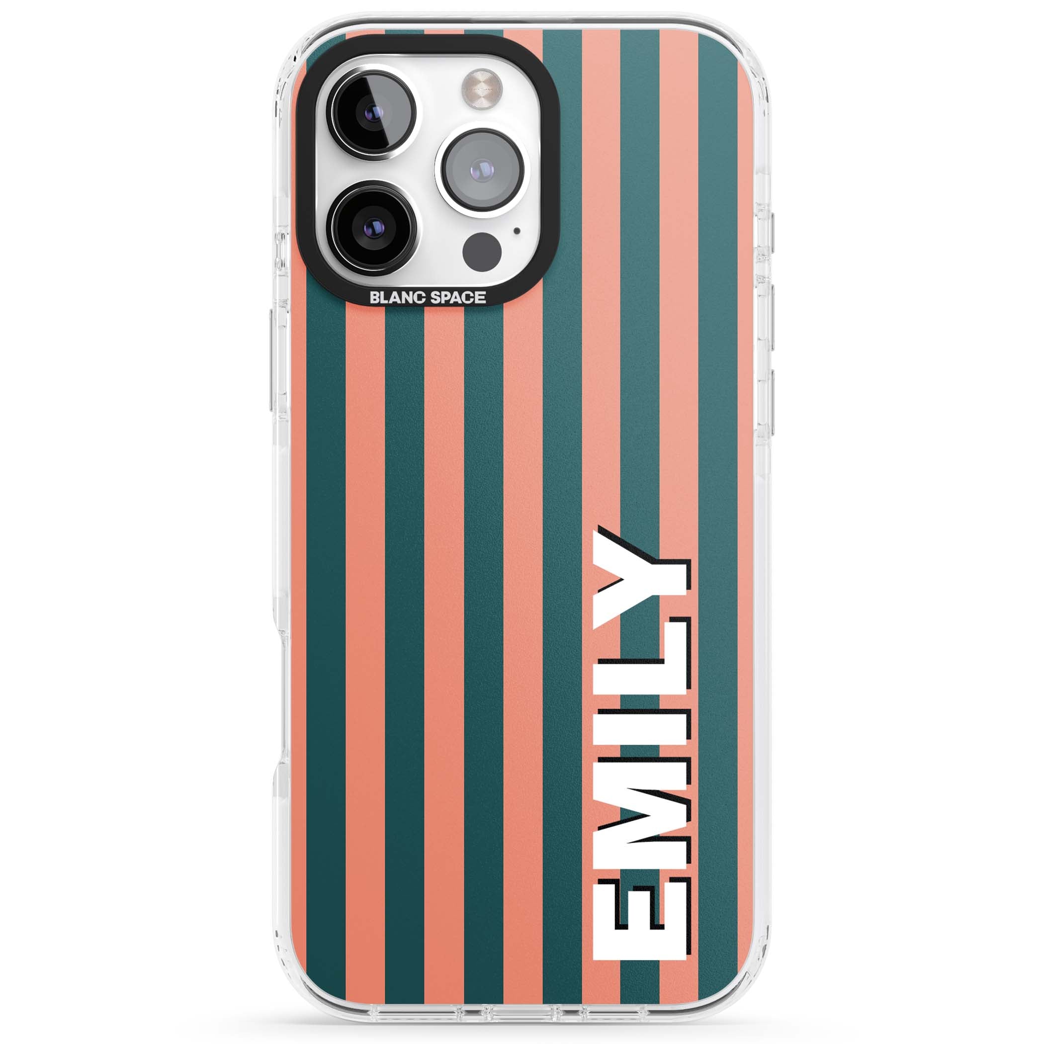 Tuscan Stripe personalised iPhone case featuring coral and green vertical stripes with bold custom name | Clear Impact case for iPhone 16 Pro, iPhone 16 Pro Max
