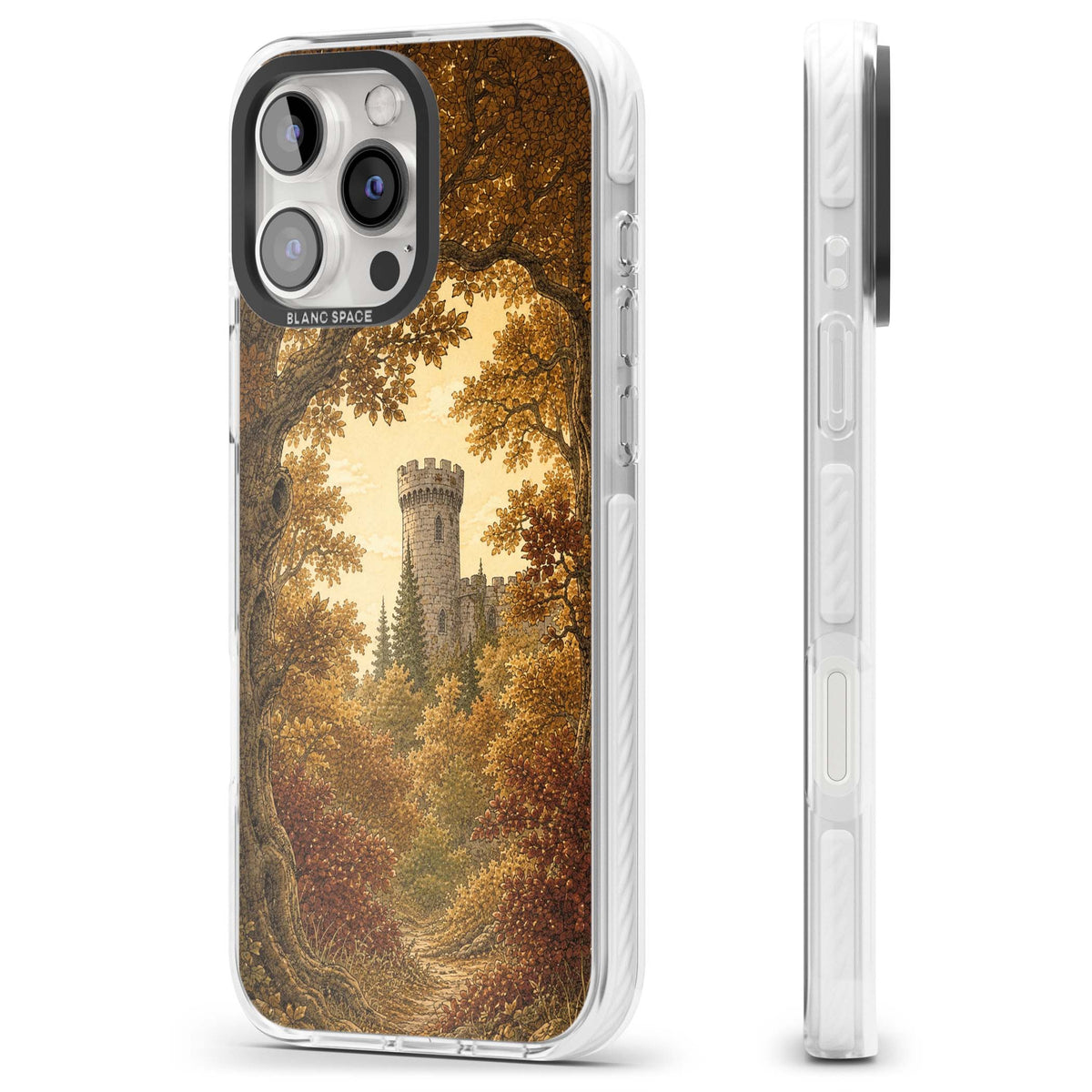 Autumn Keep cottagecore iPhone case featuring a medieval castle tower framed by golden autumn trees and woodland foliage | Clear Impact case for iPhone 16 Pro, iPhone 16 Pro Max