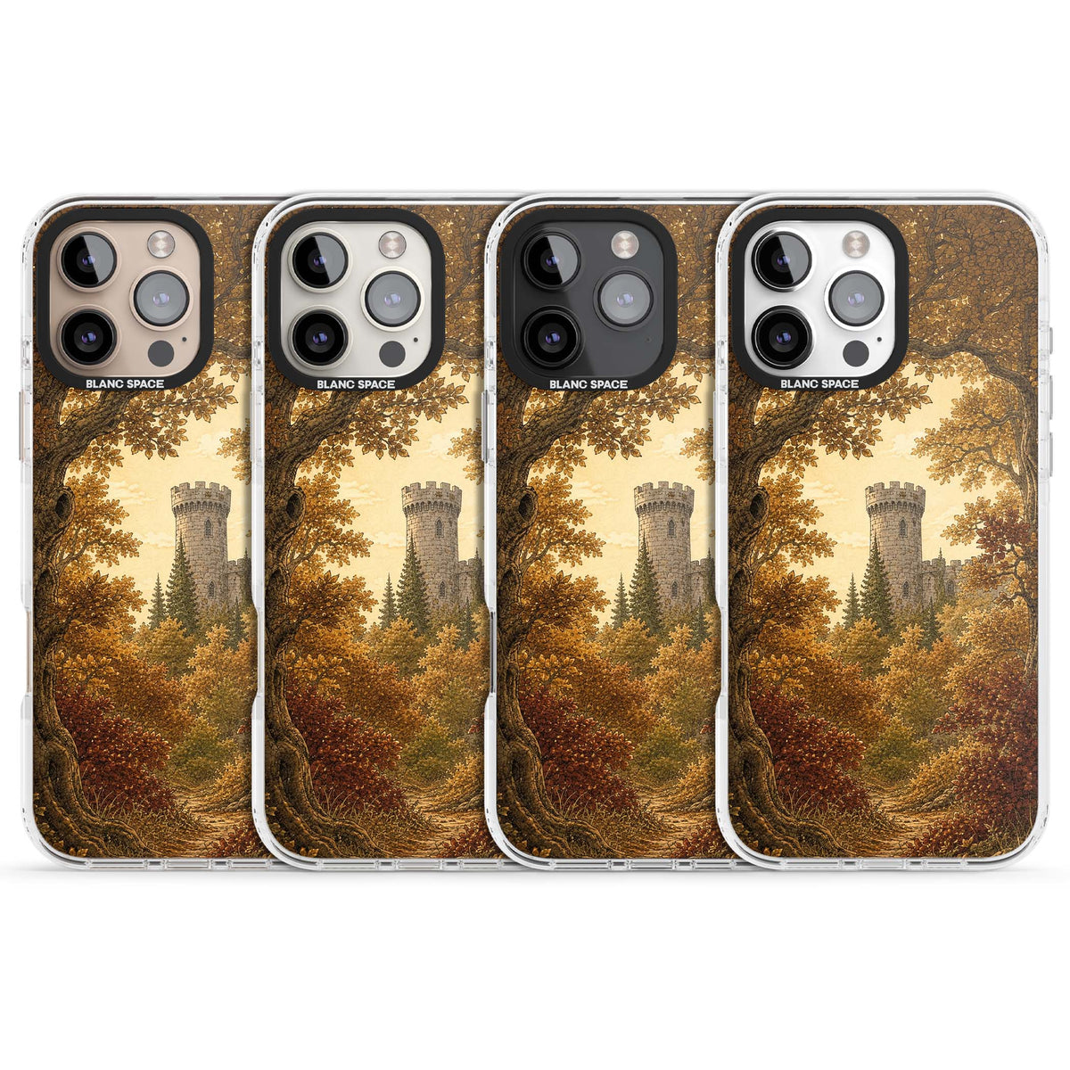 Autumn Keep cottagecore iPhone case featuring a medieval castle tower framed by golden autumn trees and woodland foliage | Clear Impact case for iPhone 16 Pro, iPhone 16 Pro Max