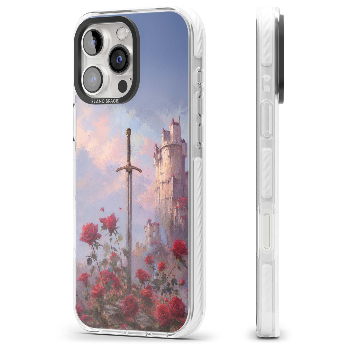 Sword in Roses medieval art iPhone case featuring a sword, red roses, and a misty fairytale castle at sunset | Clear Impact case for iPhone 16 Pro, iPhone 16 Pro Max