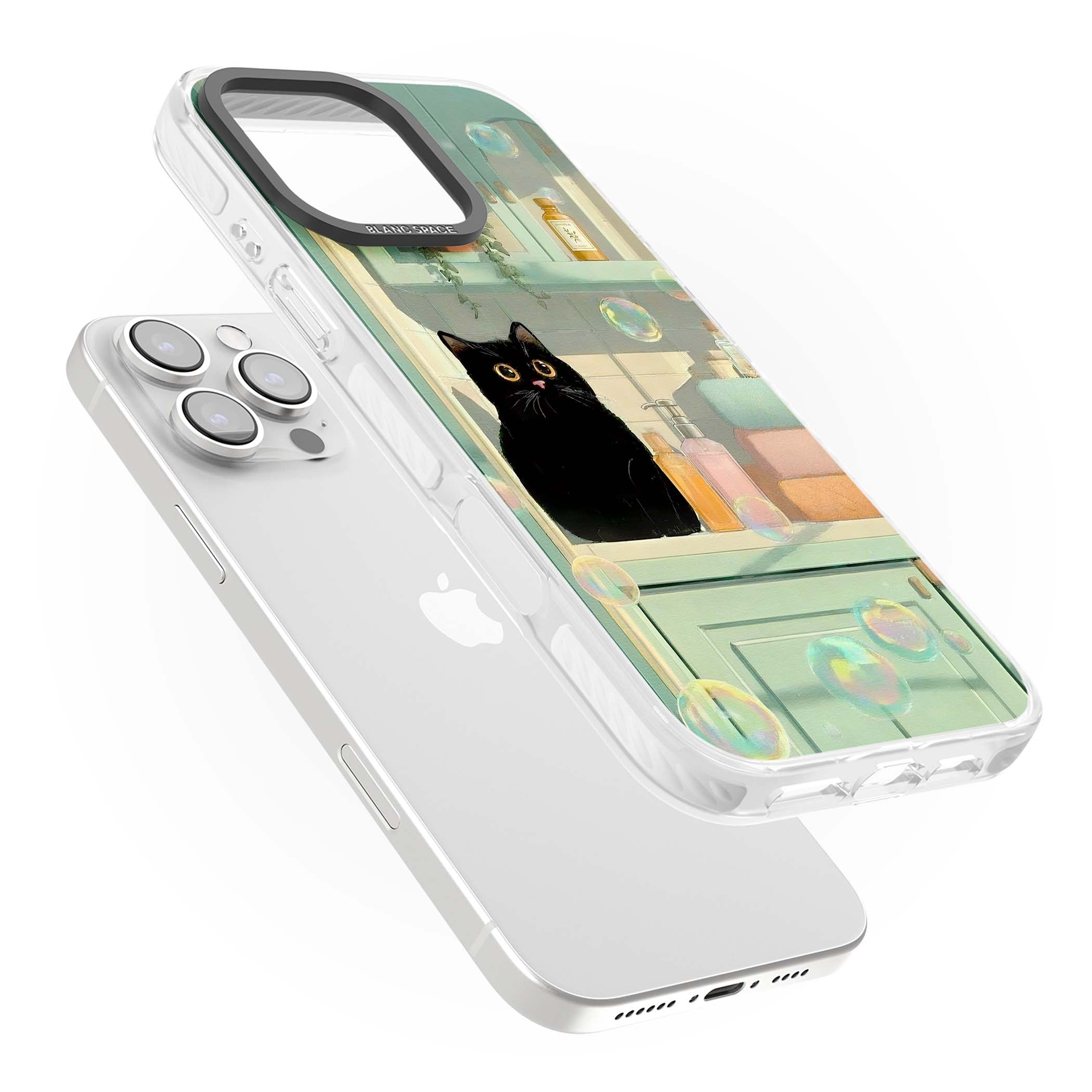 Bathroom Bubble Kitty cottagecore iPhone case featuring a black cat, mint bathroom scene and floating soap bubbles | Clear Impact case for iPhone 16 Pro, iPhone 16 Pro Max