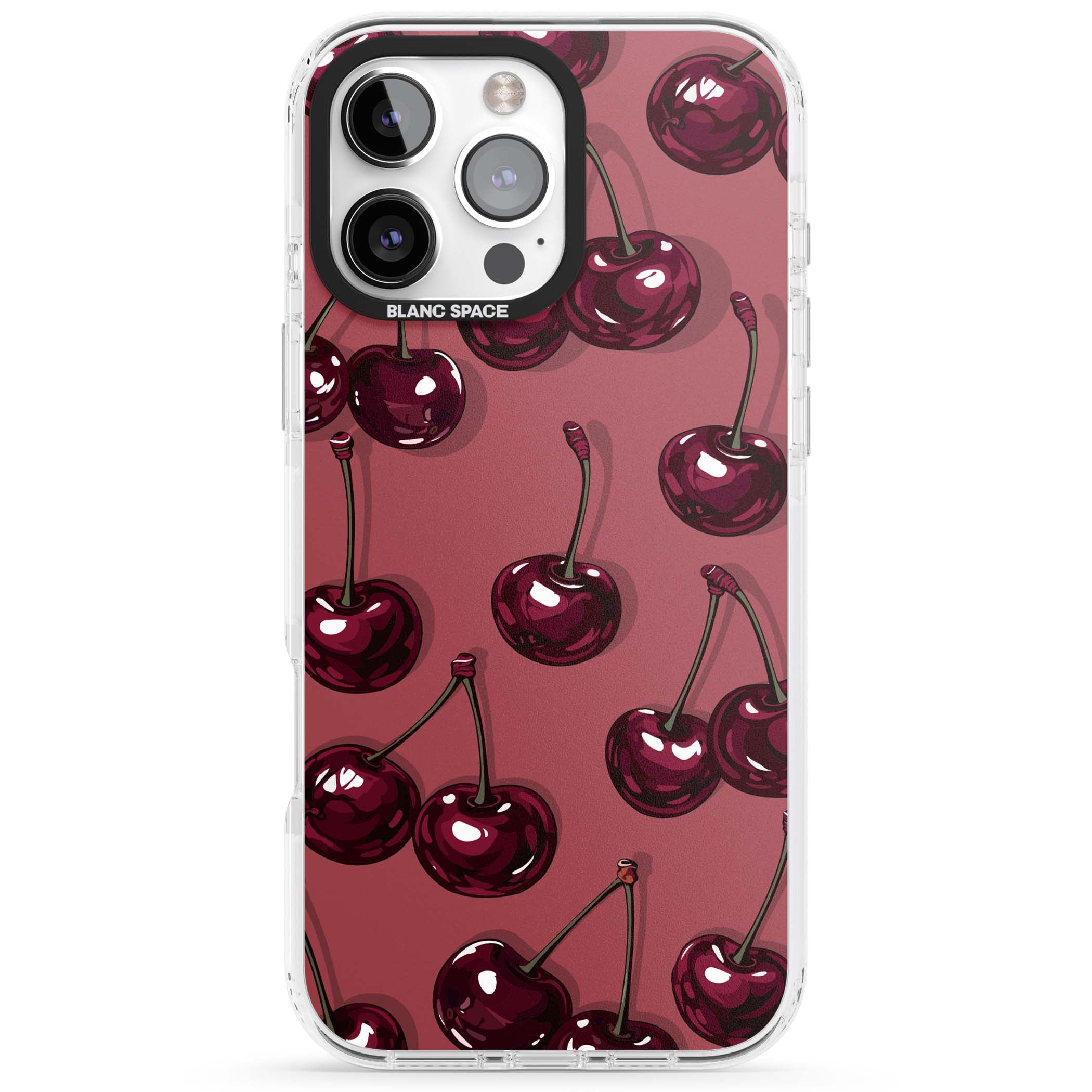 Cherry Rebel coquette iPhone case featuring glossy burgundy cherries on a dusty rose background | Clear Impact case for iPhone 16 Pro, iPhone 16 Pro Max