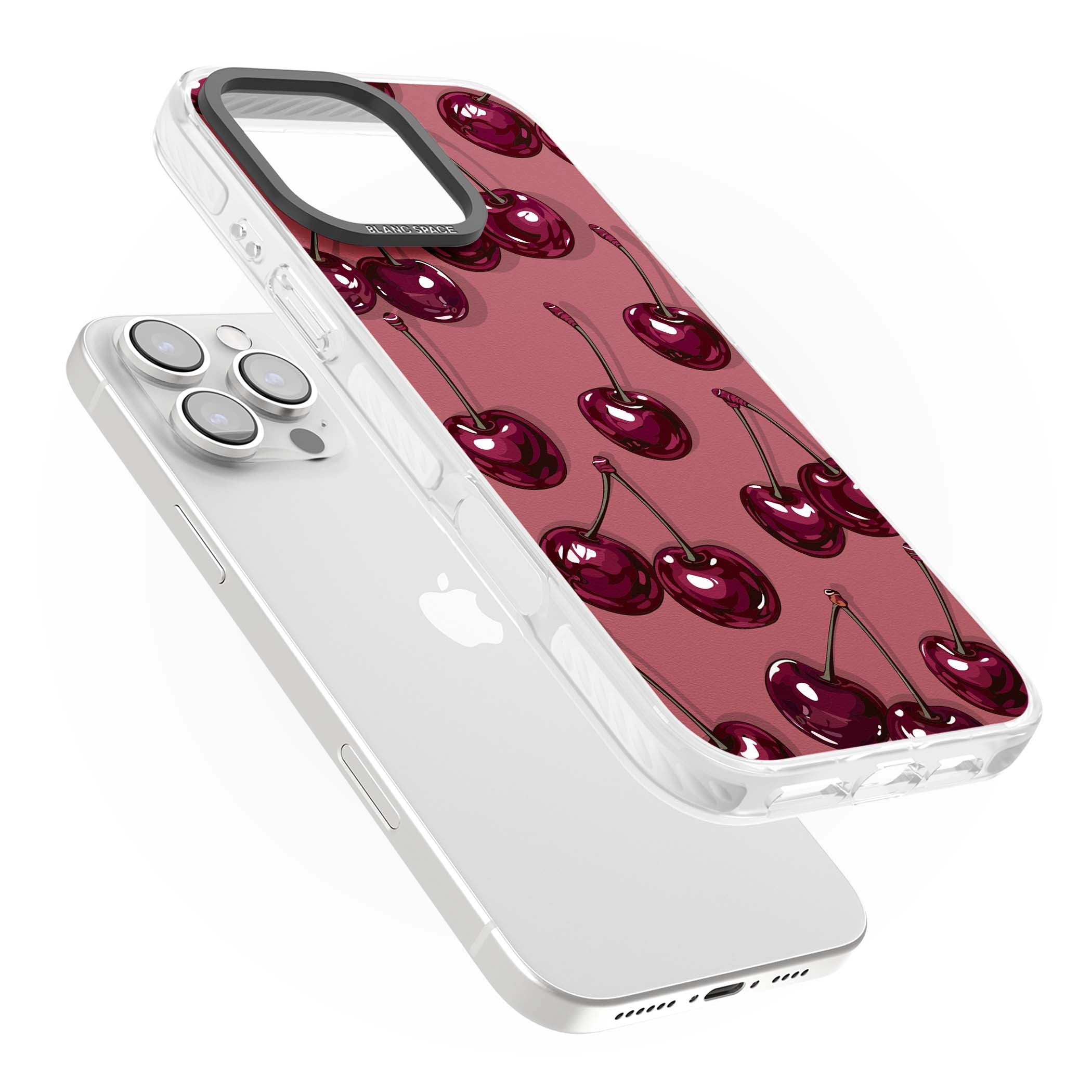 Cherry Rebel coquette iPhone case featuring glossy burgundy cherries on a dusty rose background | Clear Impact case for iPhone 16 Pro, iPhone 16 Pro Max