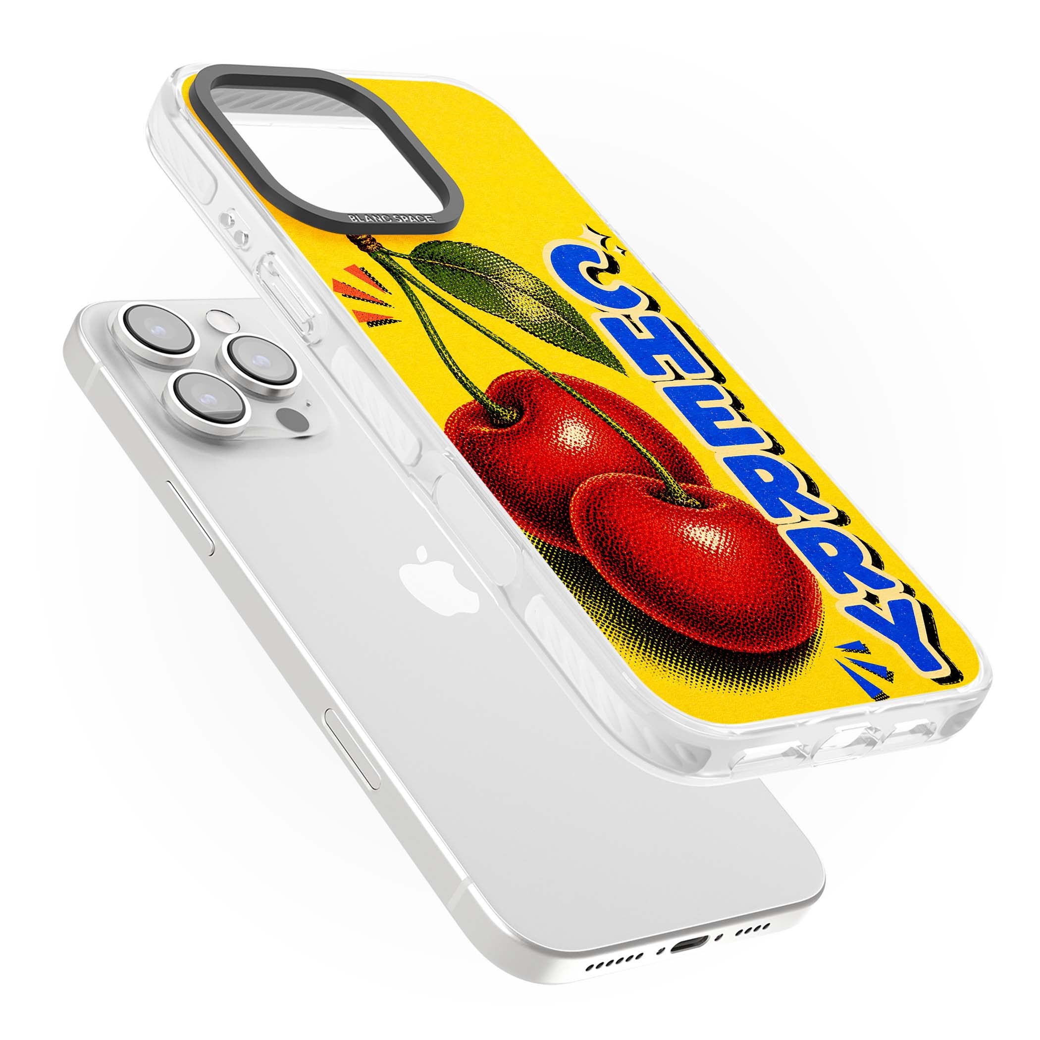Cherry Yellow y2k iPhone case featuring two red cherries, halftone shading and bold blue CHERRY lettering on yellow | Clear Impact case for iPhone 16 Pro, iPhone 16 Pro Max
